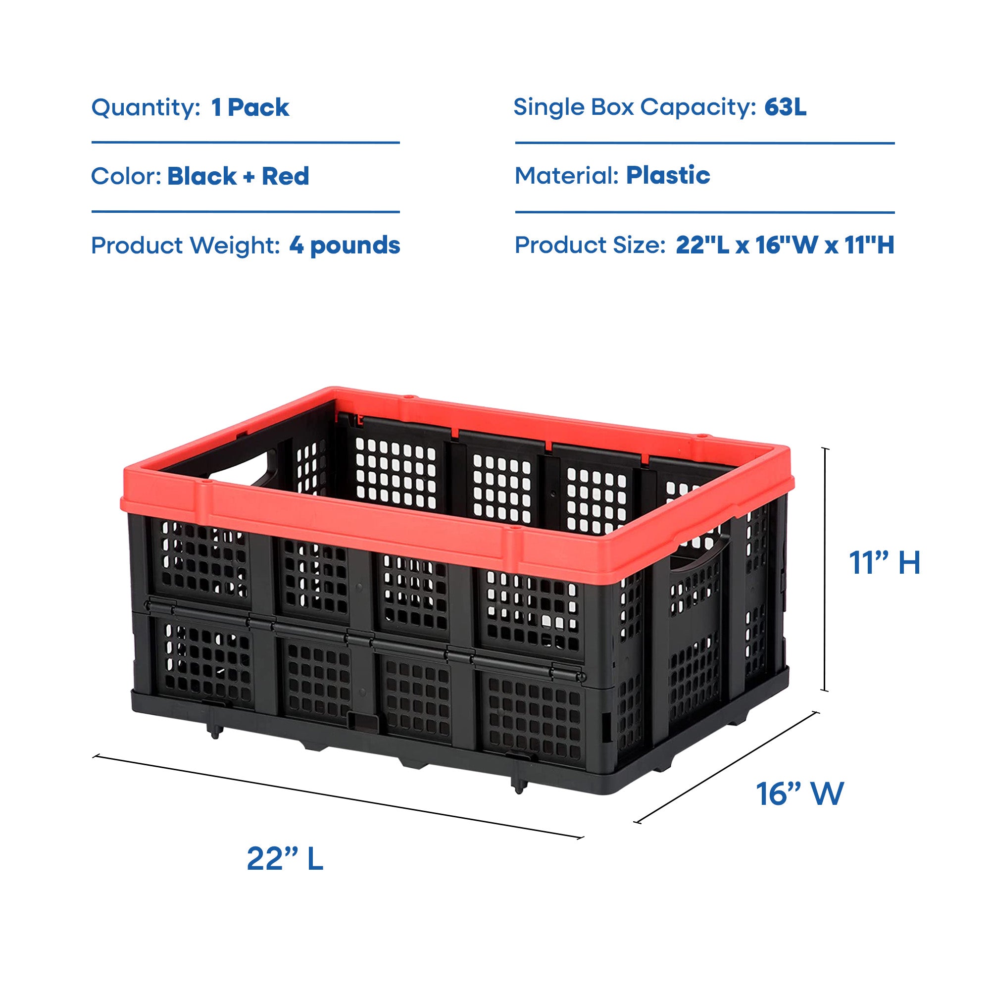 Magna Cart 63L (16.6 Gal) Collapsible Milk Crate, Stackable Plastic Storage Bin, Lightweight, Heavy Duty Crate Holds 55lbs - VMInnovations