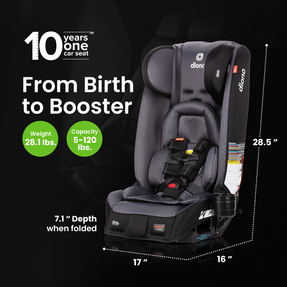 Diono Radian 3RXT Slim Fit 3 Across All-In-One Convertible Car Seat, Gray Stone - VMInnovations