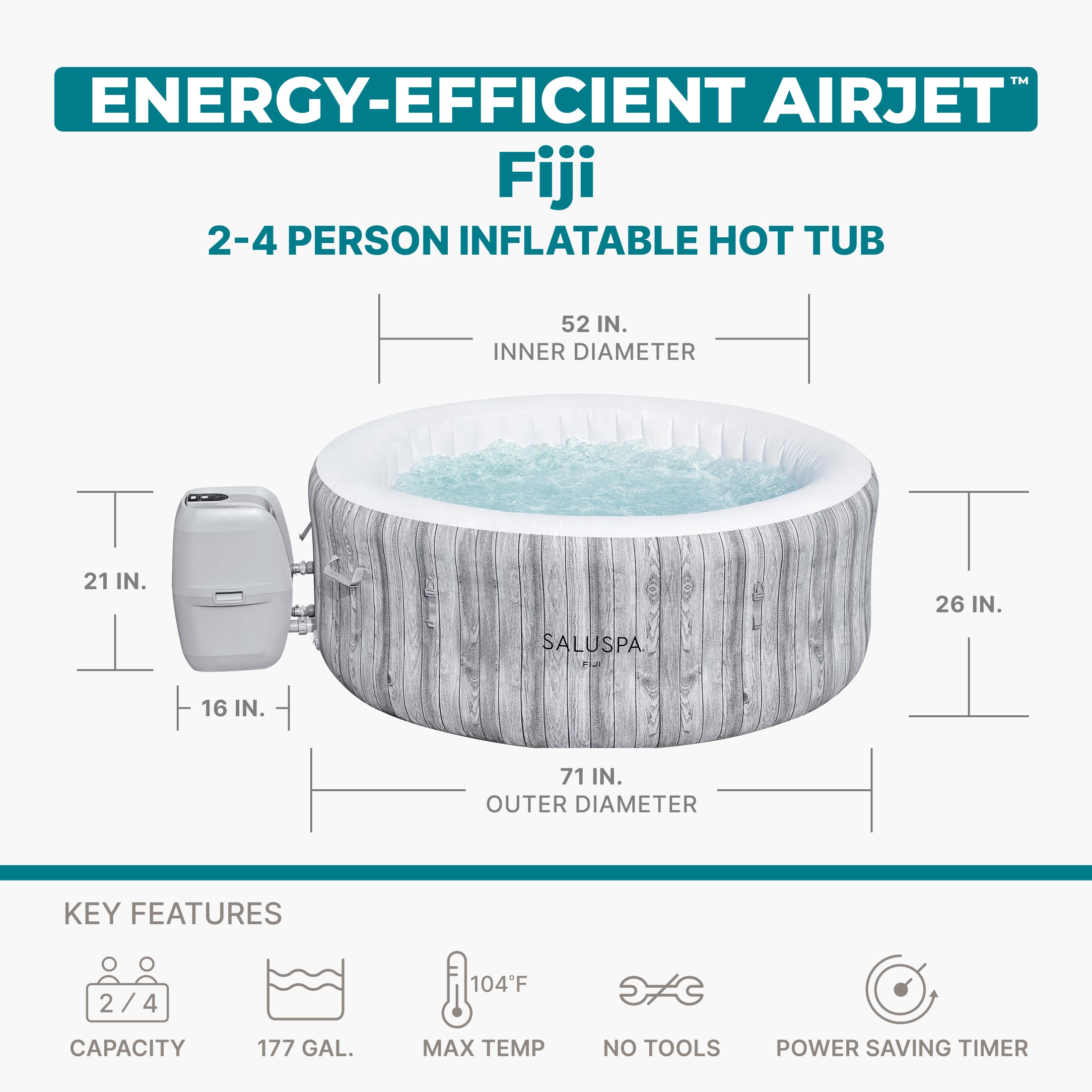 Bestway SaluSpa Fiji AirJet Inflatable Hot Tub with EnergySense Cover, Grey - VMInnovations