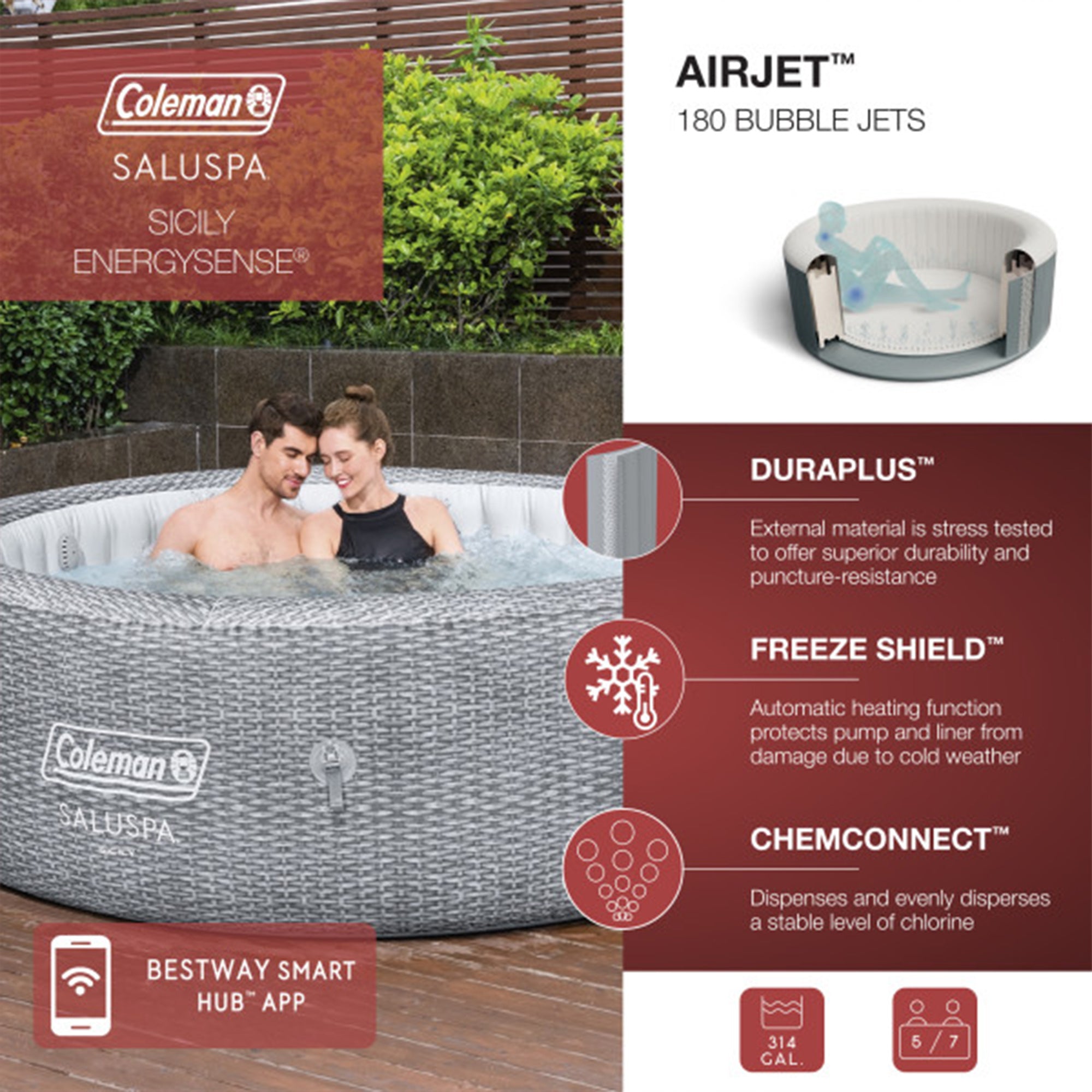 Coleman Sicily AirJet Round Inflatable Hot Tub with EnergySense Cover, Grey