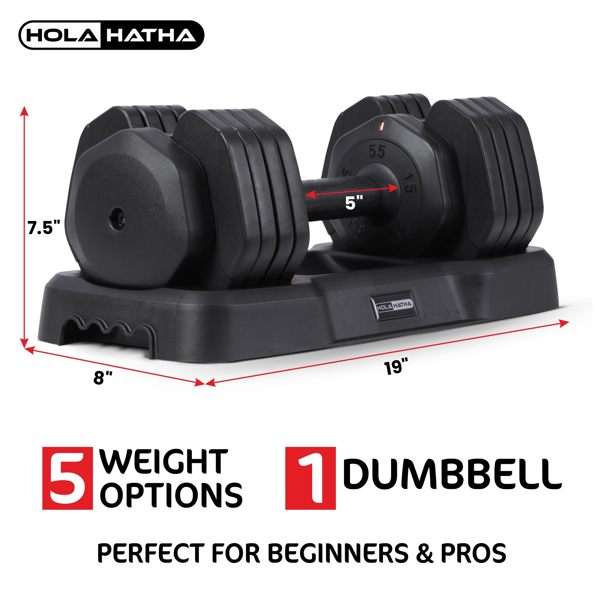 HolaHatha 5-in-1 Adjustable 15-55lb Dumbbell Home Gym Workout Equipment, Single - VMInnovations