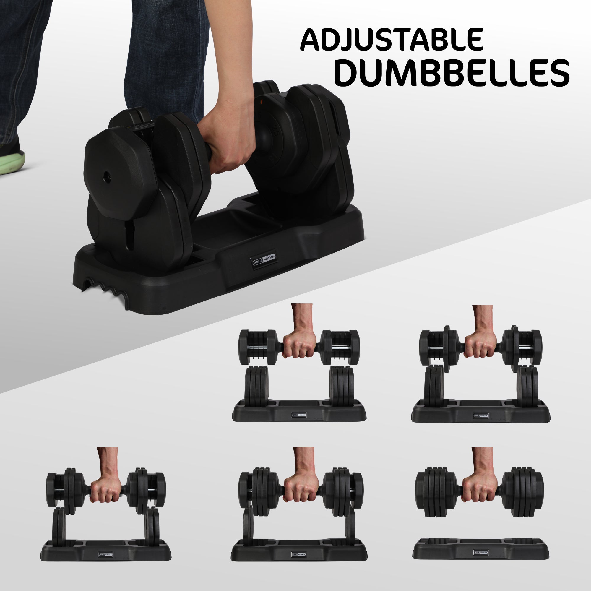 HolaHatha 5-in-1 Adjustable 15-55lb Dumbbell Home Gym Workout Equipment, Single - VMInnovations