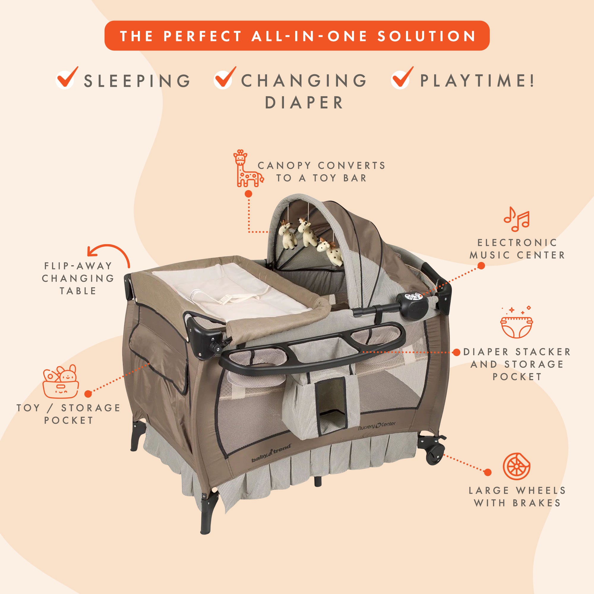Baby Trend Deluxe Home Nursery Center with Music and Full Bassinet, Havenwood - VMInnovations