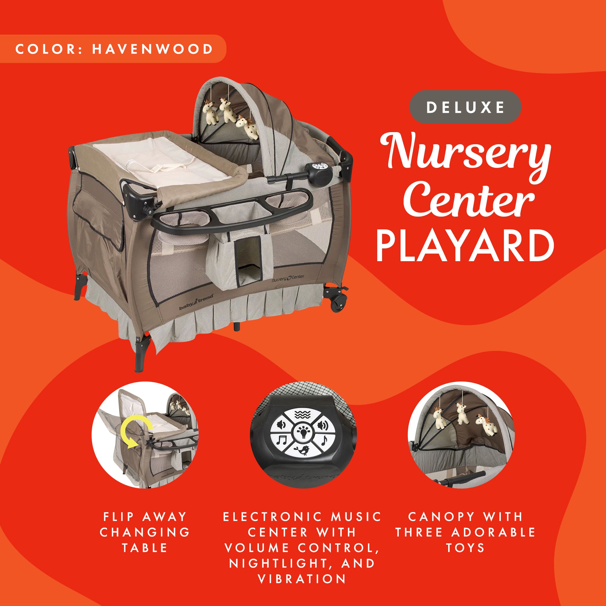 Baby Trend Deluxe Home Nursery Center with Music and Full Bassinet, Havenwood - VMInnovations