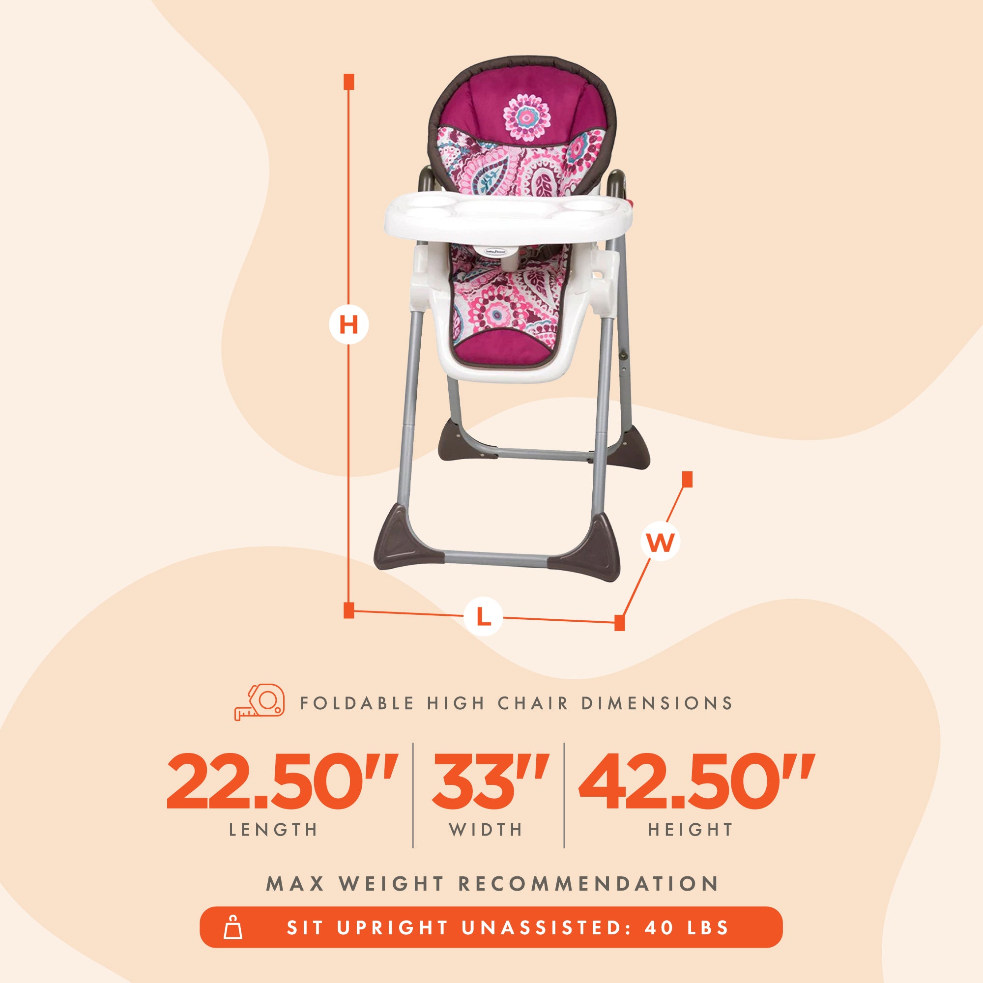 Sit-Right Durable Compact Freestanding Foldable High Chair, Paisley (Open Box) - VMInnovations