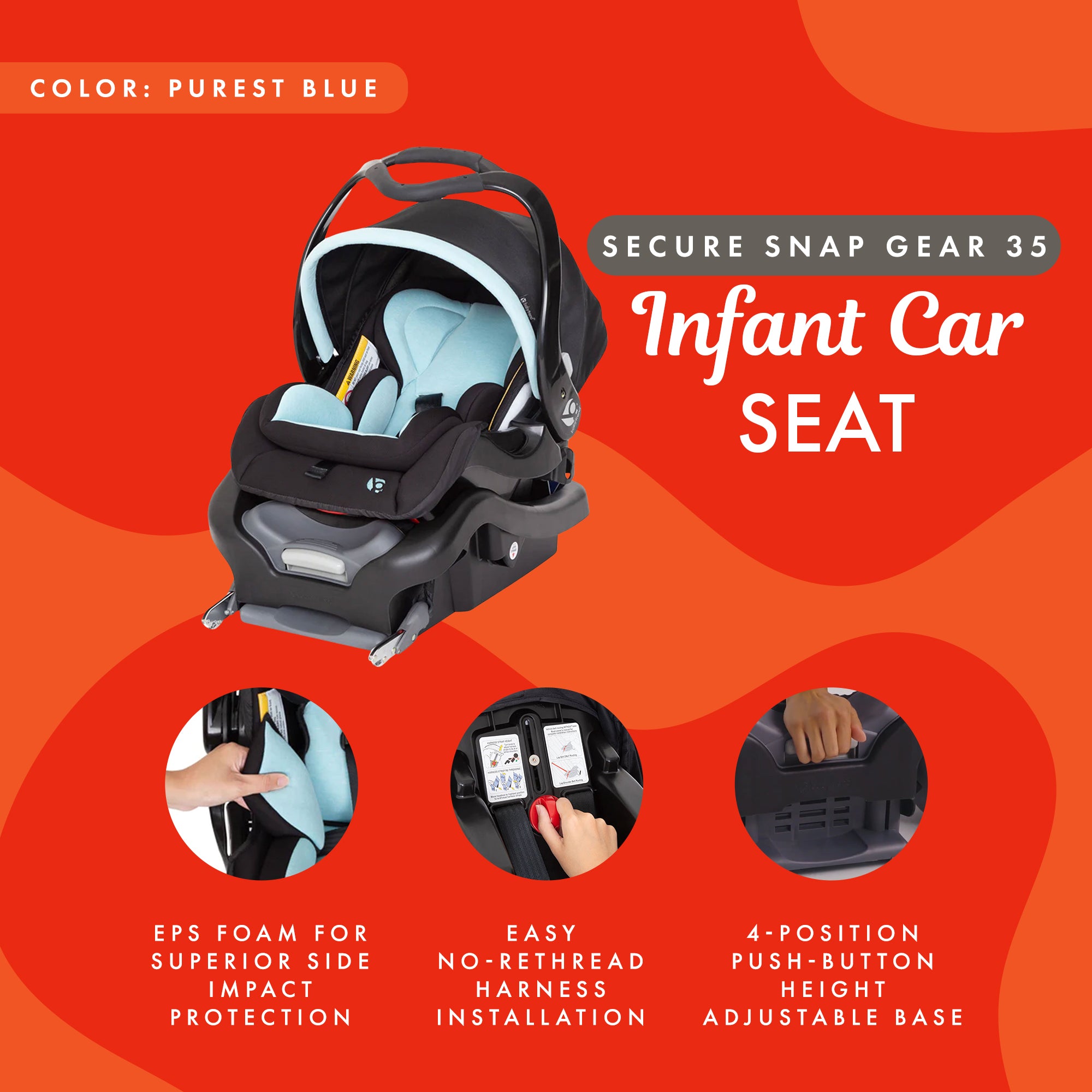 Baby Trend Secure Snap Gear 35 Infant Car Seat with 3 Panel Canopy, Purest Blue - VMInnovations