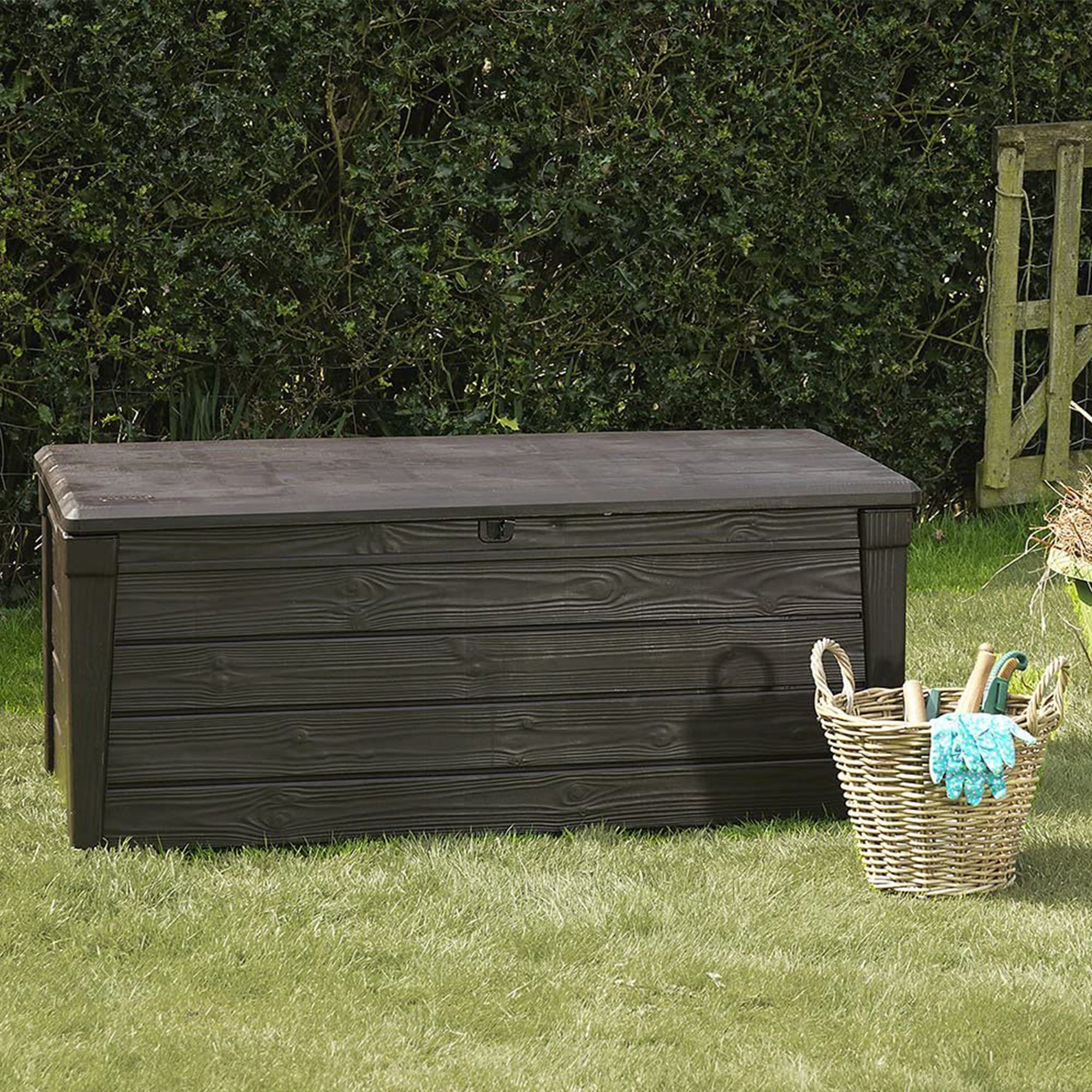 Keter Brightwood Weatherproof Resin Patio Deck Storage Box Bench, Brown (2 Pack) - VMInnovations