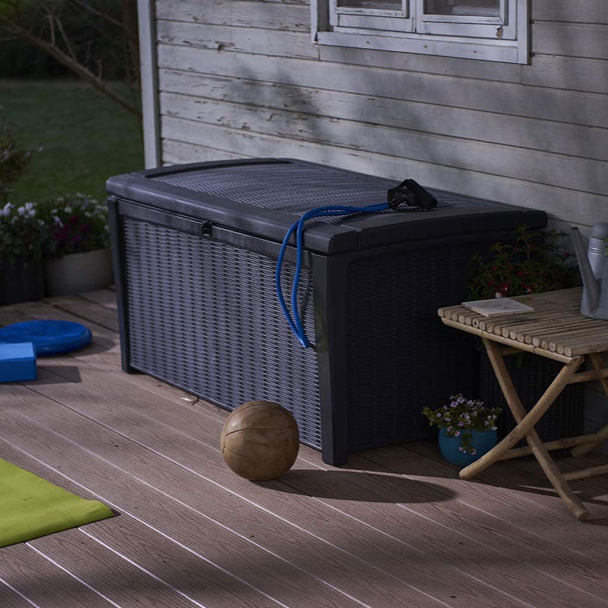 Keter Borneo Rattan Wicker Resin Patio Deck Storage Box Bench, Grey (2 Pack) - VMInnovations