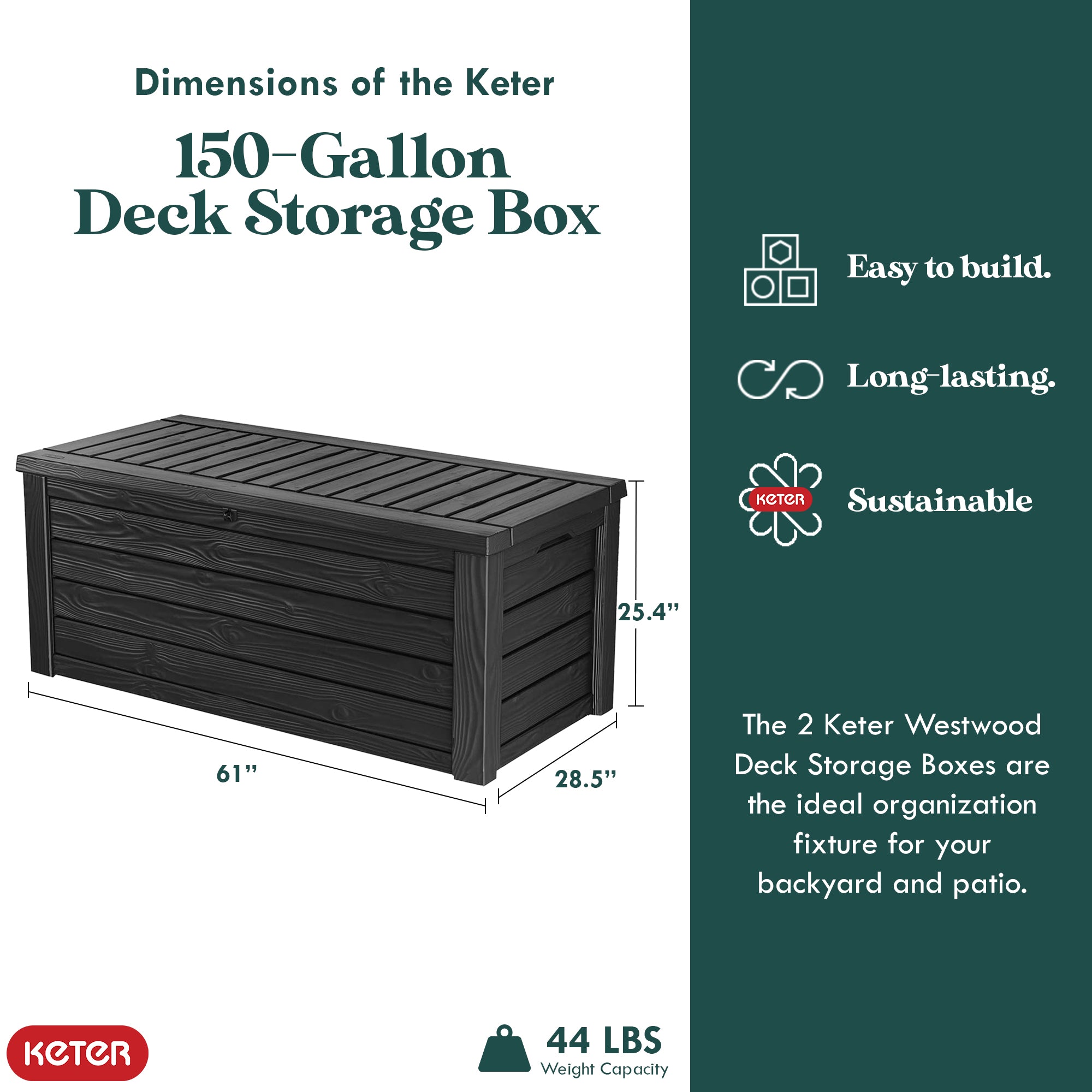 Keter Westwood Outdoor 150 Gal Deck Storage Box for Yard Tools, Grey (2 Pack) - VMInnovations