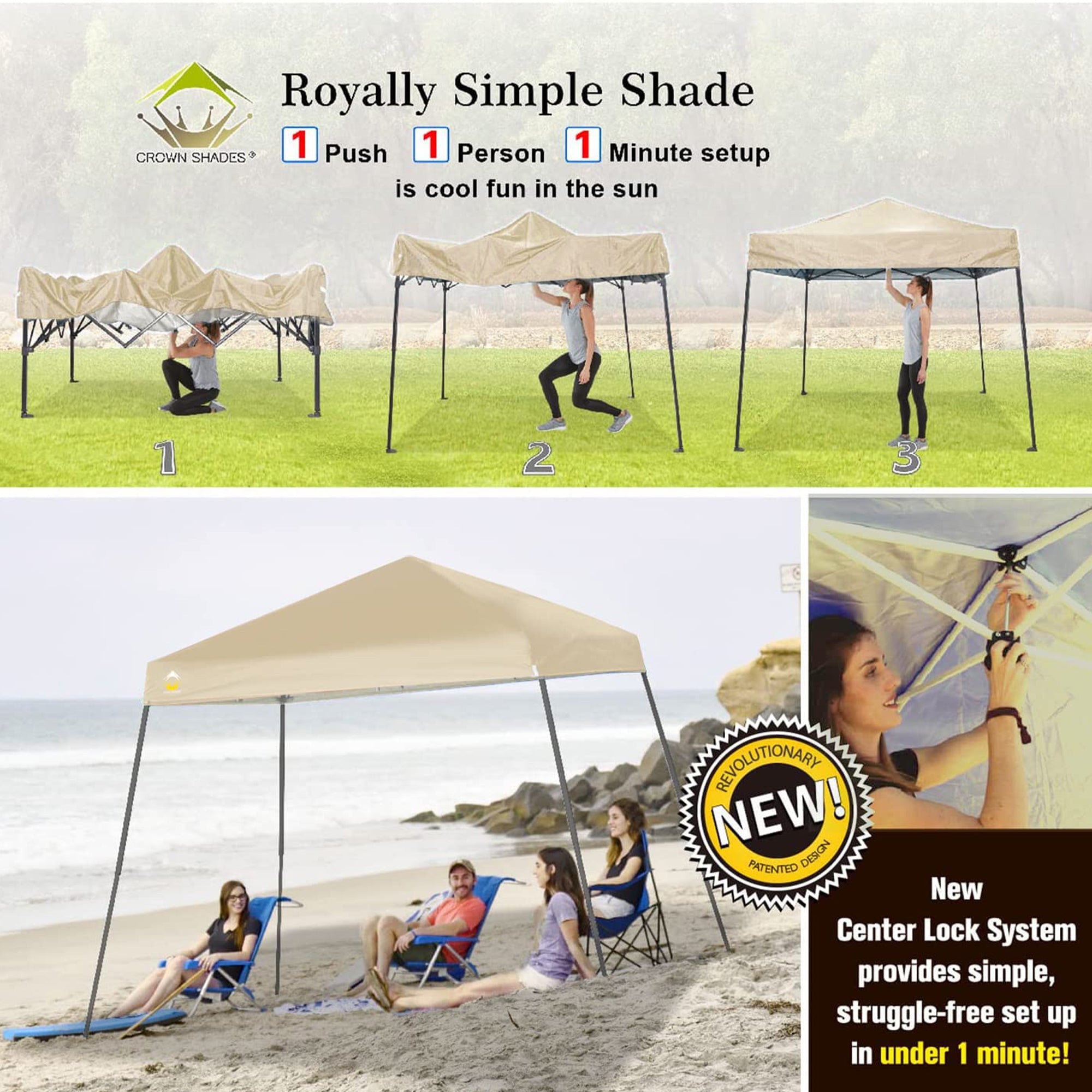 Crown Shades 10' x 10' Base 8' x 8' Top Pop Up Canopy w/Carry Bag, Beige (Used)