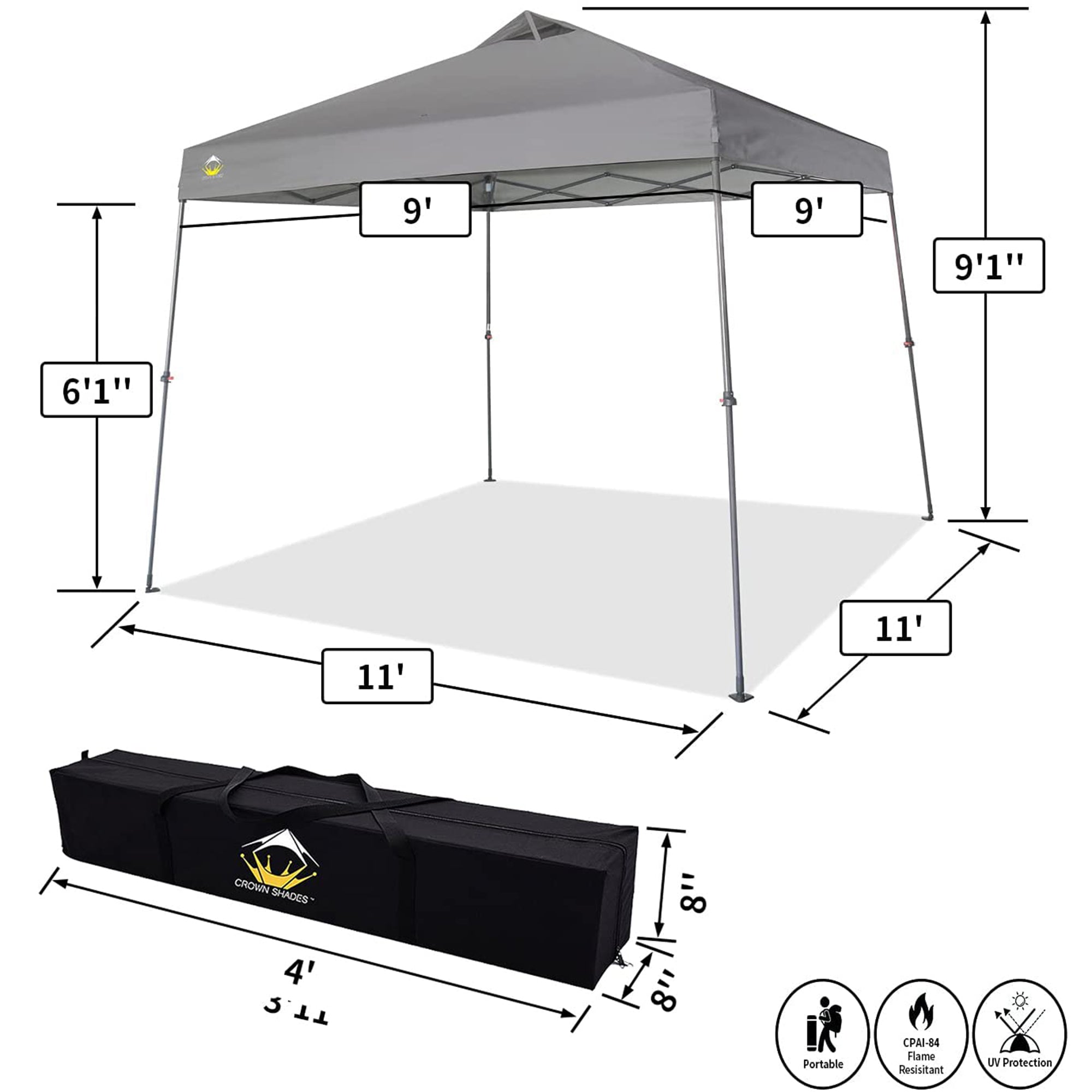 Crown Shades 11' x 11' Base 9' x 9' Top Instant Pop Up Canopy w/Carry Bag, Gray - VMInnovations