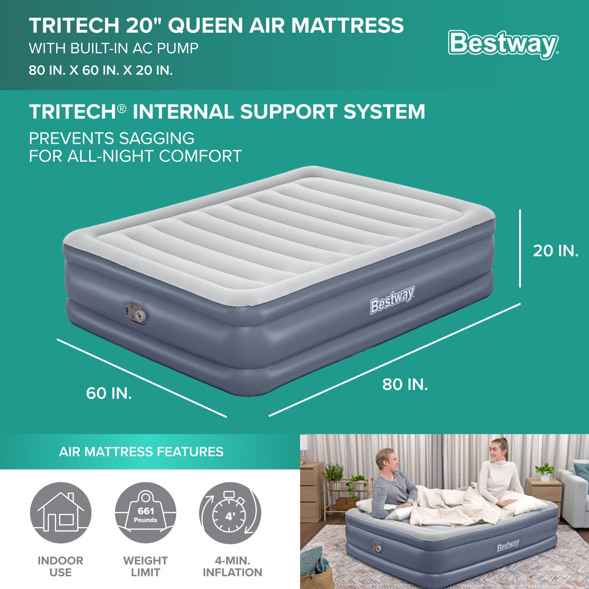 Bestway Tritech Airbed, Queen-Sized 20" Mattress with Built-In AC Pump, 2 Pack