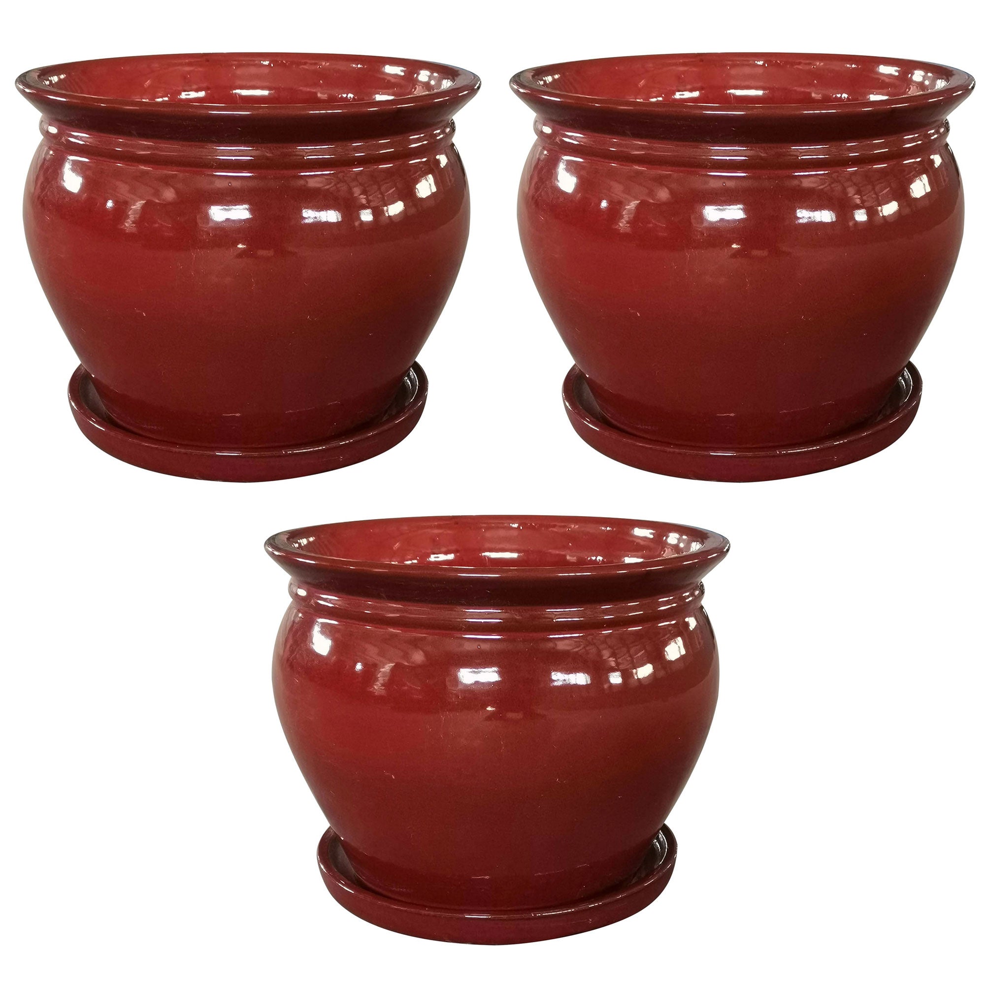 Southern Patio Wisteria 8" Round Ceramic Planter Pot with Saucer, Red (3 Pack)