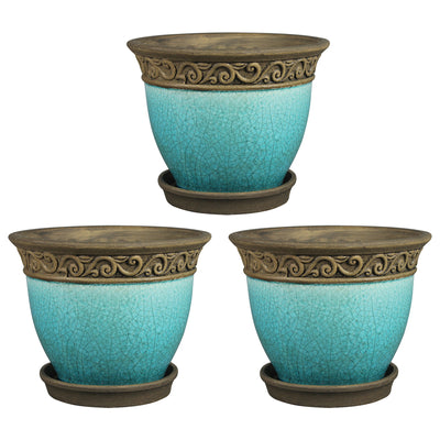Southern Patio Cadiz 8" Crackled Ceramic Planter Pot with Saucer, Teal (3 Pack)