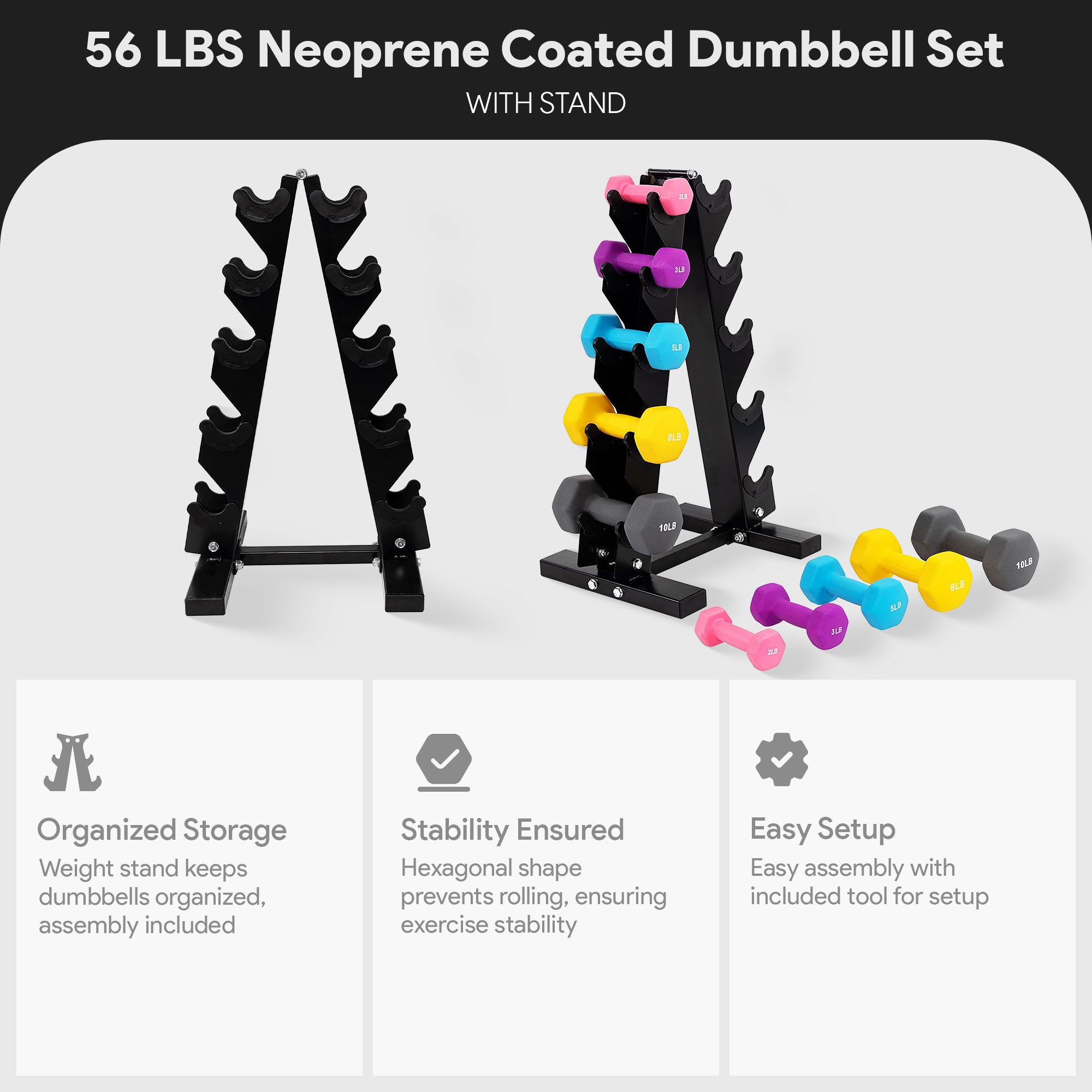 BalanceFrom 2, 3, 5, 8 & 10lb Neoprene Coated Dumbbell Set w/Rack (Open Box) - VMInnovations