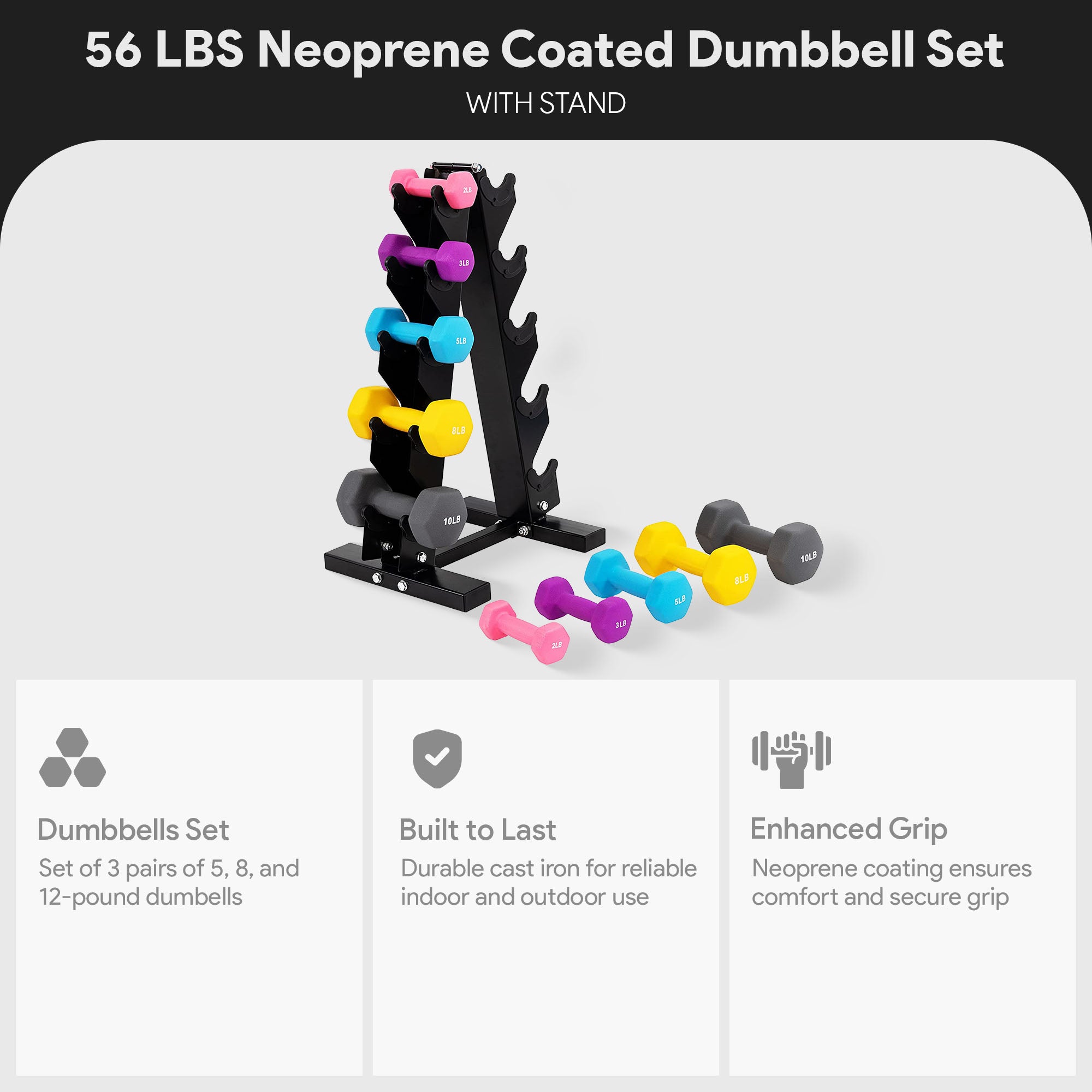BalanceFrom 2, 3, 5, 8 & 10lb Neoprene Coated Dumbbell Set w/Rack (Open Box) - VMInnovations