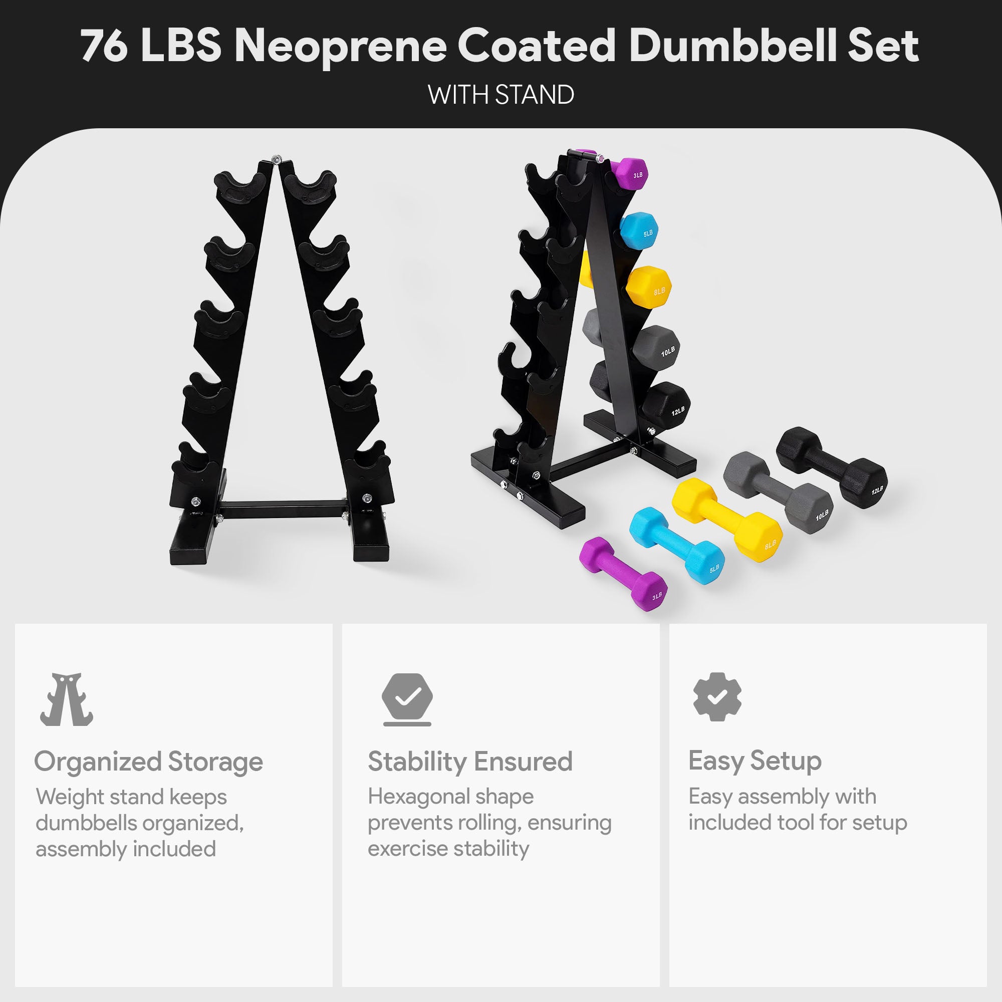 BalanceFrom Fitness 3, 5, 8, 10 & 12lb Neoprene Dumbbell Set w/Stand (Used) - VMInnovations