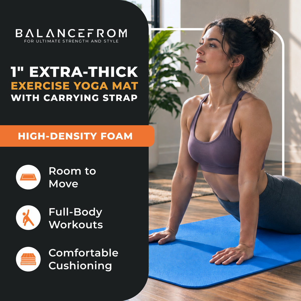 BalanceFrom 1" Extra Thick Exercise Yoga Mat with Carrying Strap, Blue (Used) - VMInnovations