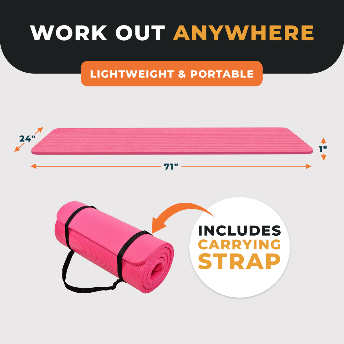 BalanceFrom 1" Extra Thick Exercise Yoga Mat with Carrying Strap, Pink(Open Box)