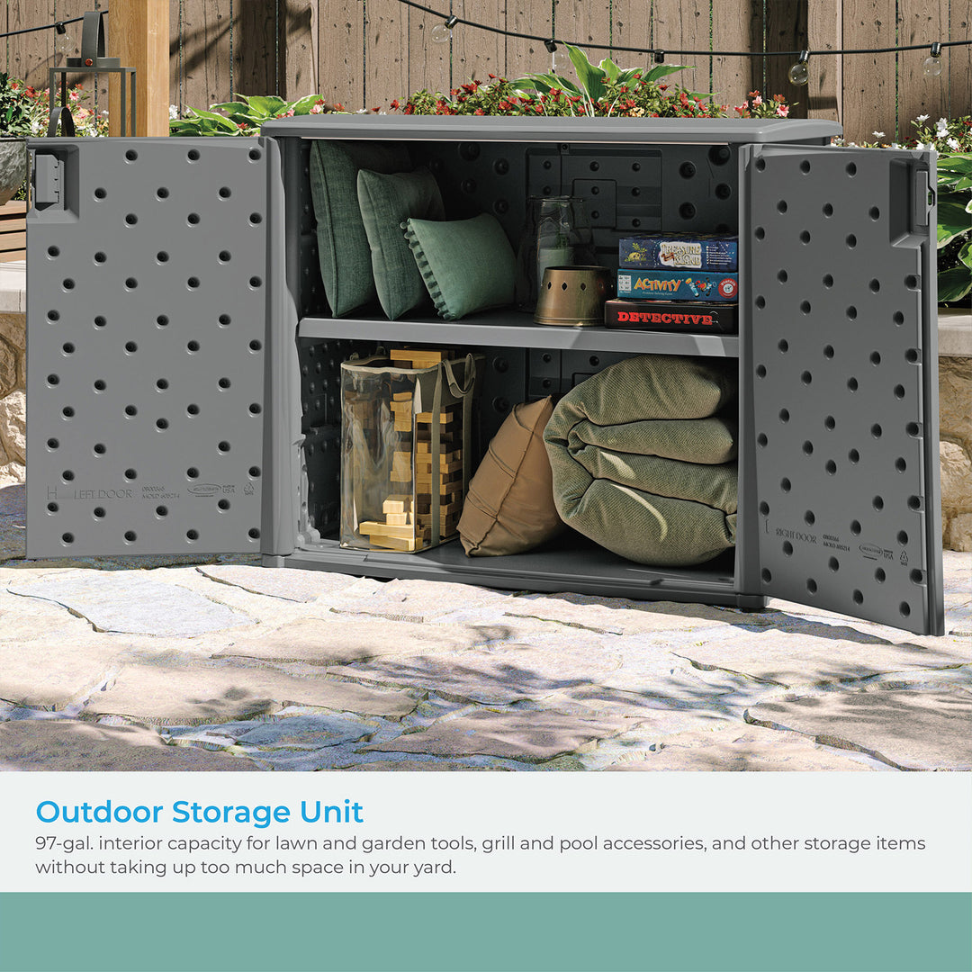 Suncast Lockable Outdoor Cabinet Deck Storage Box w/ Adjustable Shelf, Cool Gray - VMInnovations
