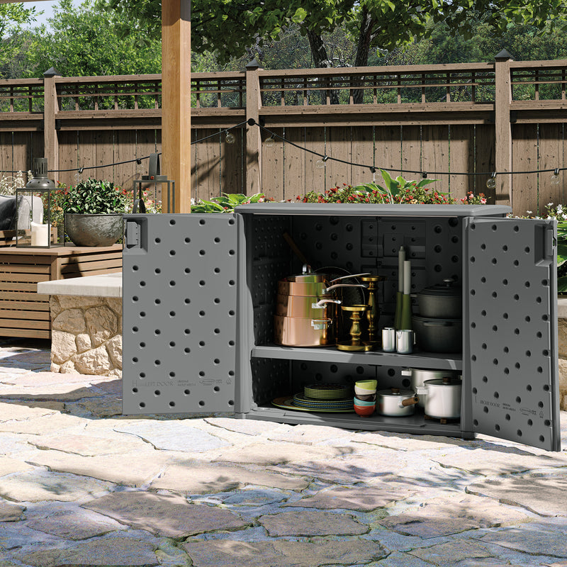 Suncast Lockable Outdoor Cabinet Deck Storage Box w/ Adjustable Shelf, Cool Gray