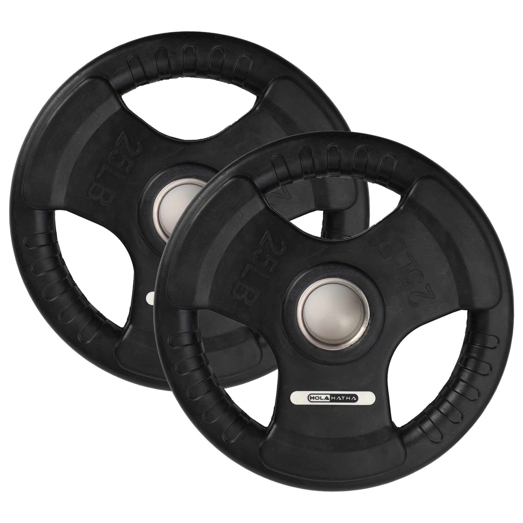 HolaHatha 25lb Olympic Rubber Coated Weight Plates w/ Tri Grip Handle (Set of 2)