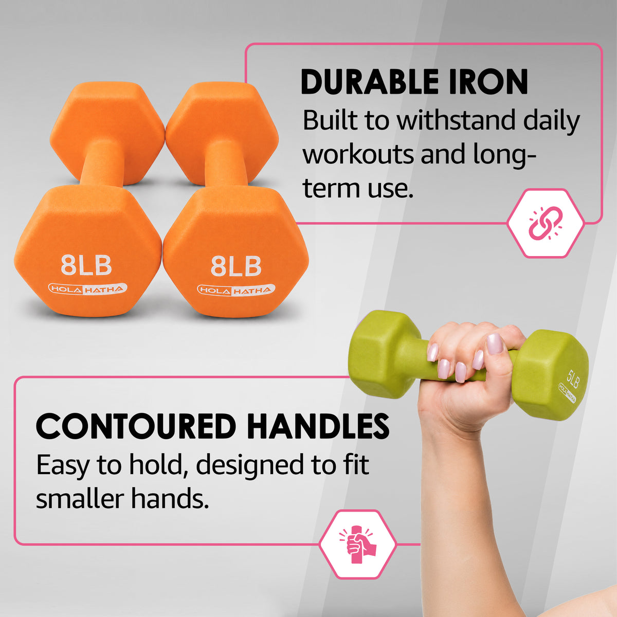 HolaHatha 3, 5, 8, 10, & 12lb Neoprene Hexagon Dumbbell Weight Set w/Stand(Used)
