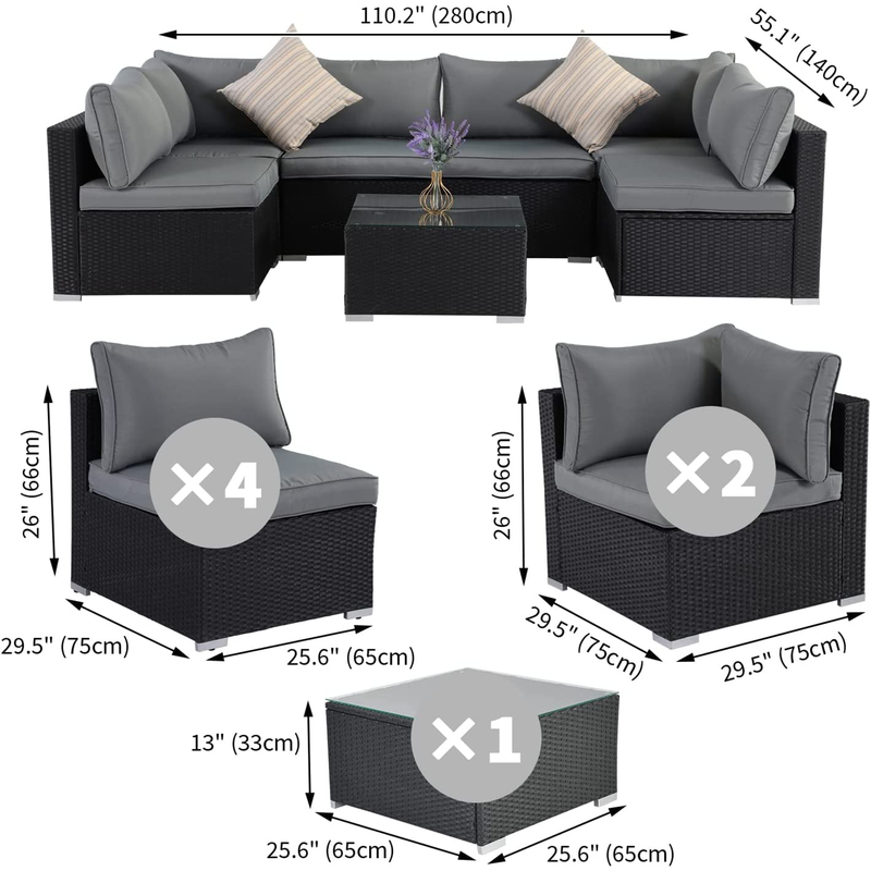 ESSENTIAL LOUNGER Outdoor Furniture Sofa Set w/Cushion & Glass Table, Set of 7