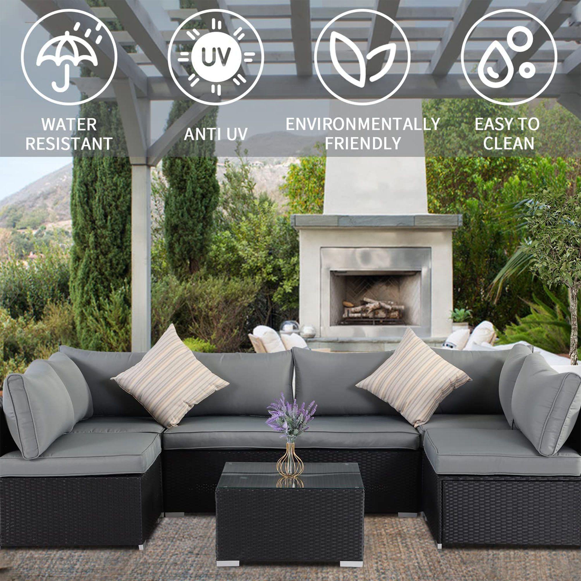 ESSENTIAL LOUNGER Outdoor Furniture Sofa Set w/Cushion & Glass Table, Set of 7 - VMInnovations