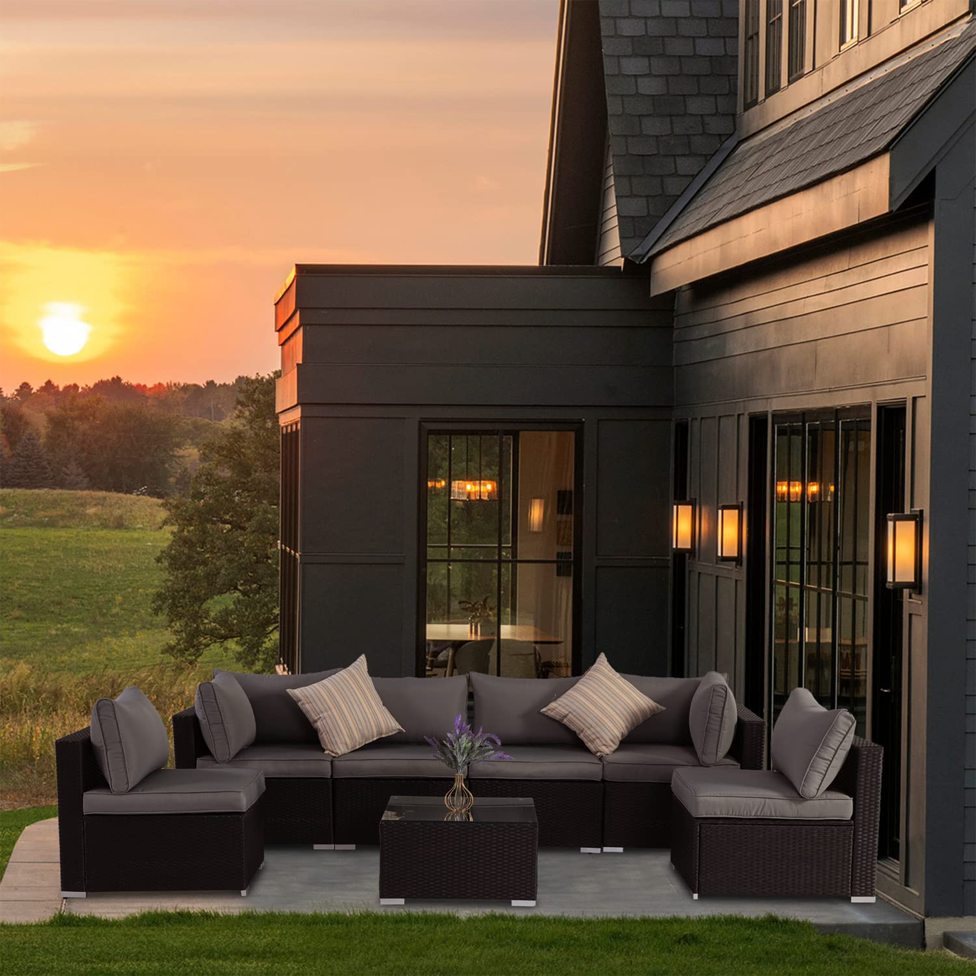 ESSENTIAL LOUNGER Outdoor Furniture Sofa Set w/Cushion & Glass Table, Set of 7 - VMInnovations