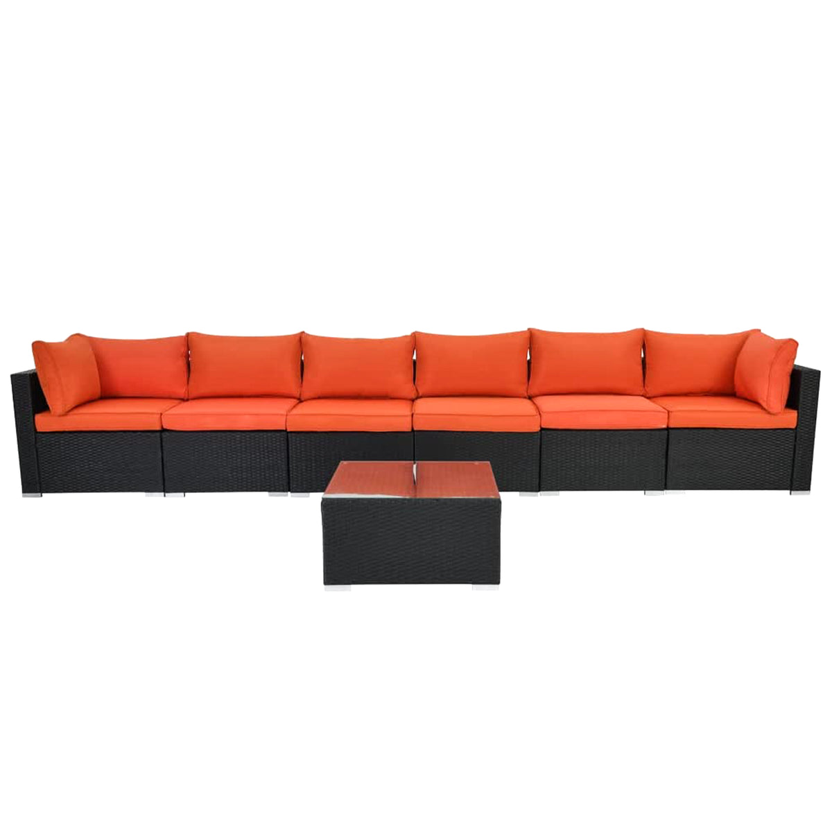 ESSENTIAL LOUNGER Outdoor Sofa Set w/Cushion & Glass Table Set of 7, Orange