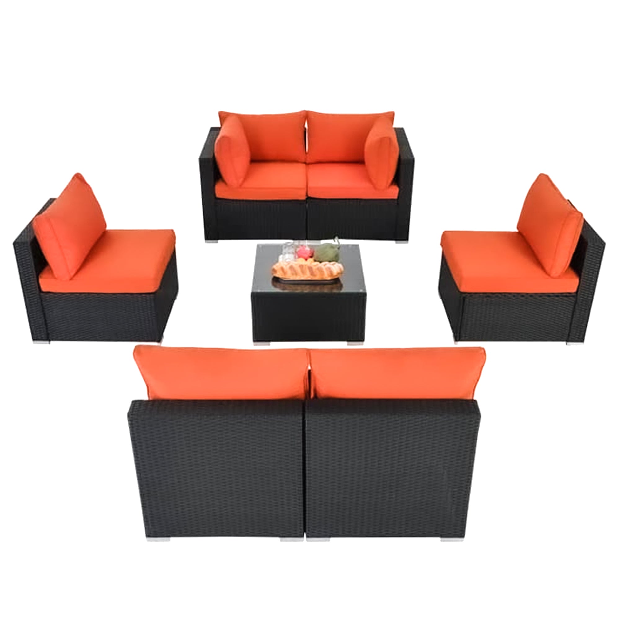 ESSENTIAL LOUNGER Outdoor Sofa Set w/Cushion & Glass Table Set of 7, Orange
