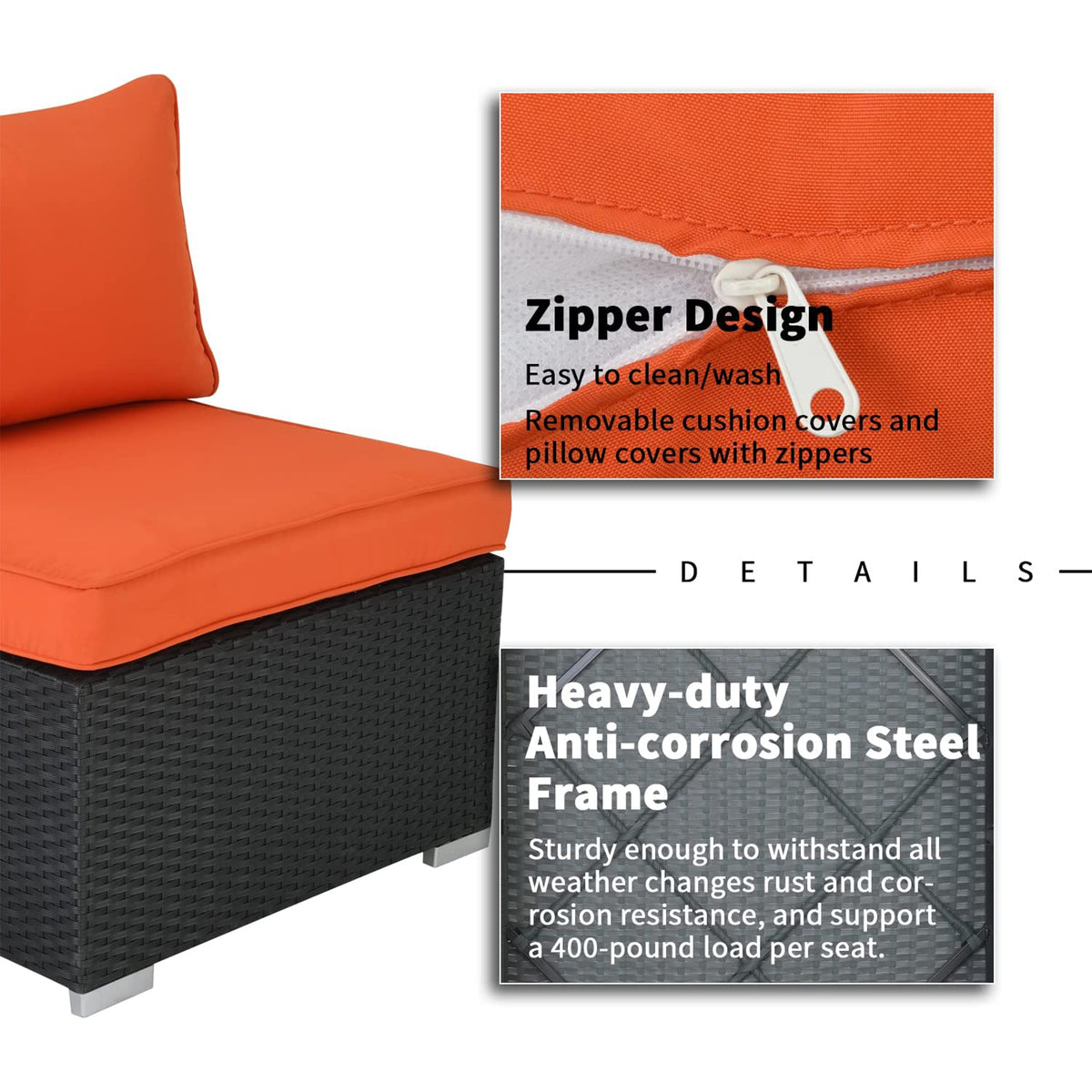 ESSENTIAL LOUNGER Outdoor Sofa Set w/Cushion & Glass Table Set of 7, Orange