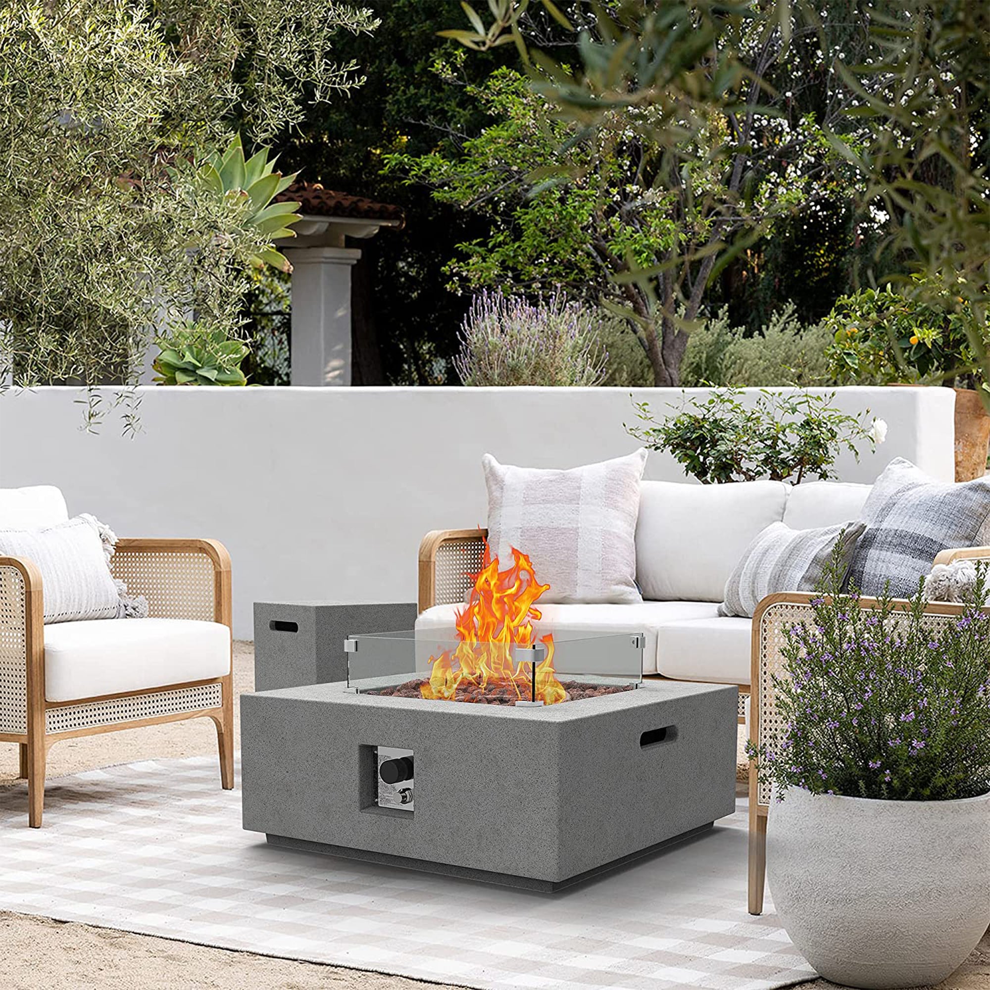 ESSENTIAL LOUNGER 35" Square Concrete Outdoor 50,000 BTU Firepit Table Set, Gray - VMInnovations