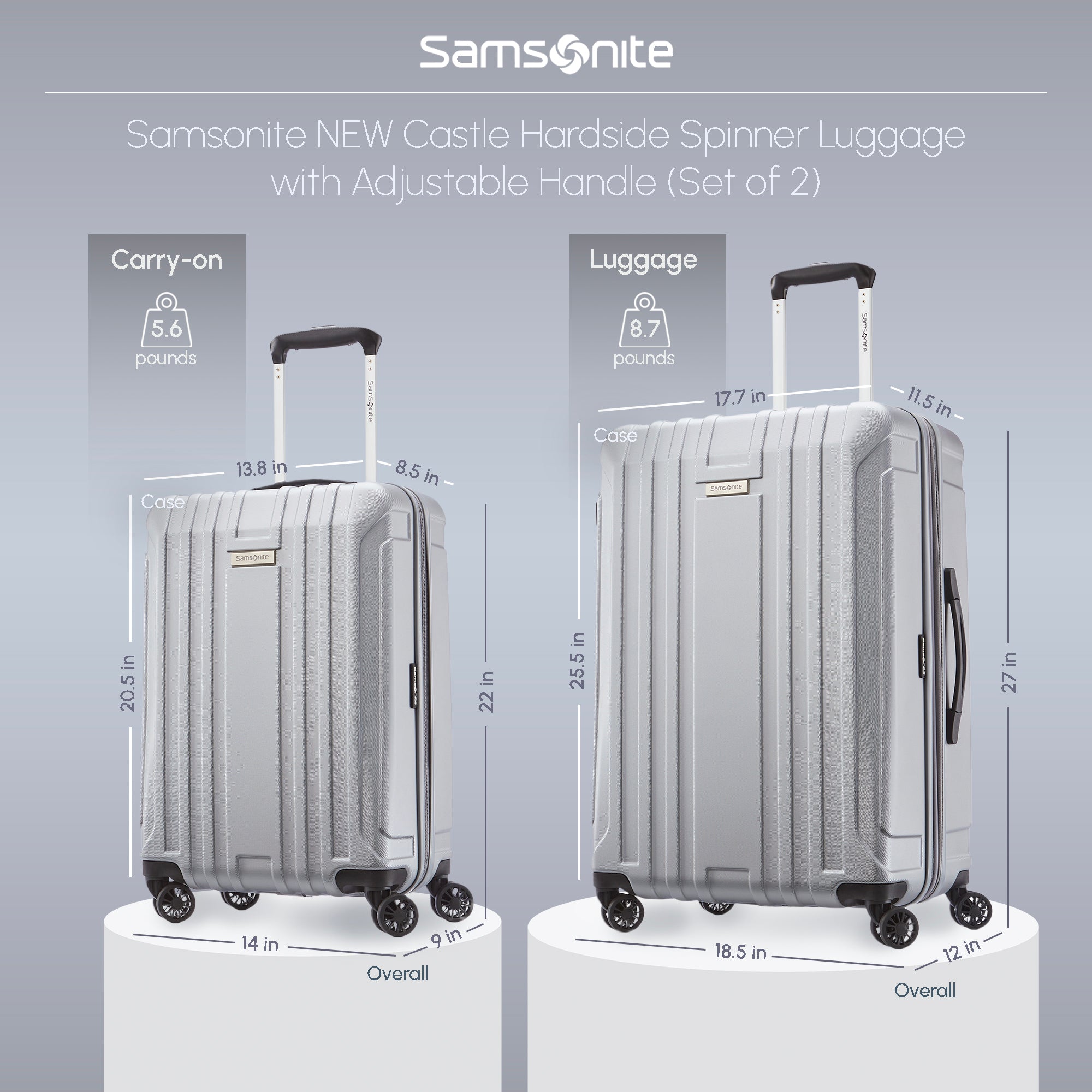 Samsonite Hardside Spinner Luggage w/Adjustable Handle, 2pcs, Silver (Used) - VMInnovations