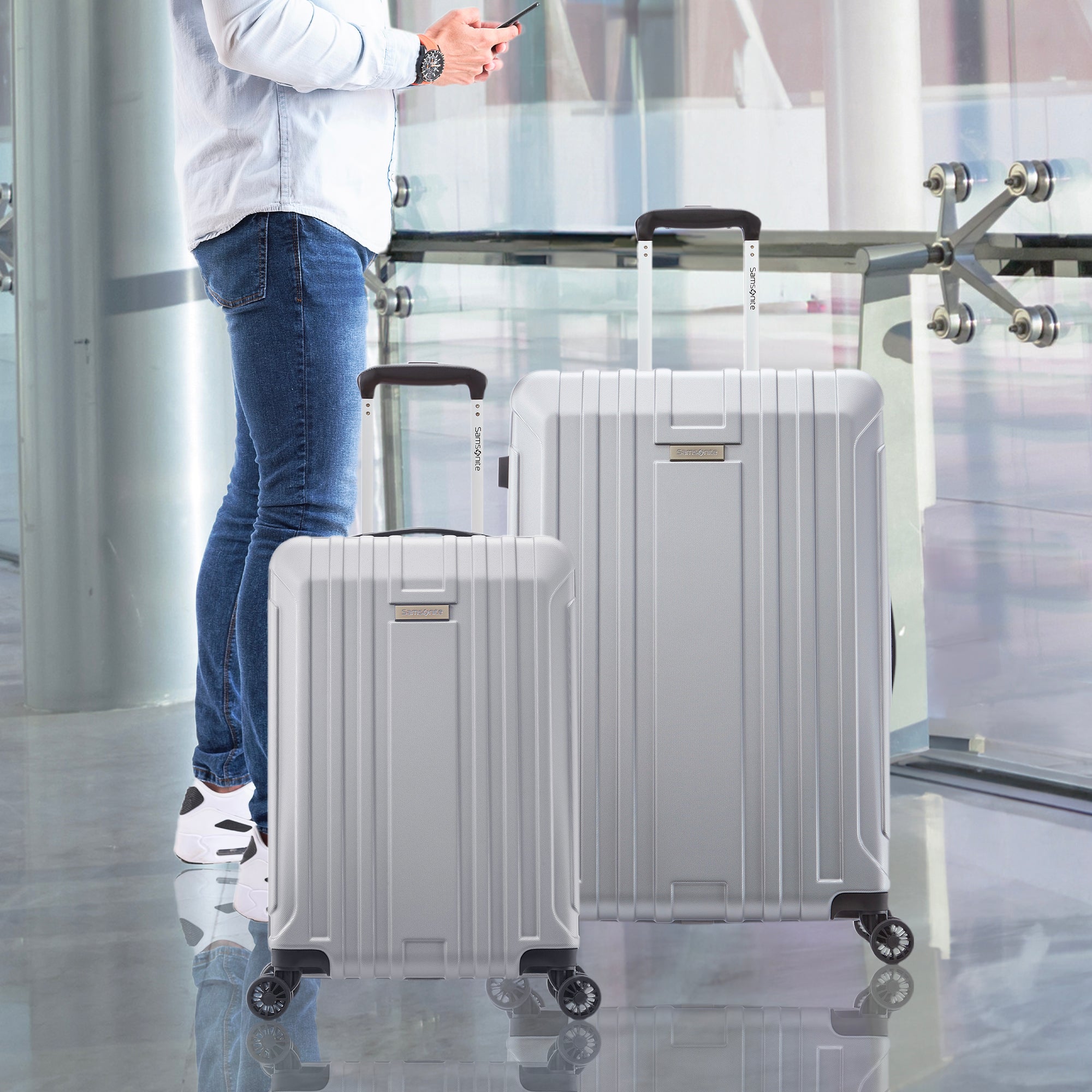 Samsonite Hardside Spinner Luggage w/Adjustable Handle, 2pcs, Silver (Used) - VMInnovations