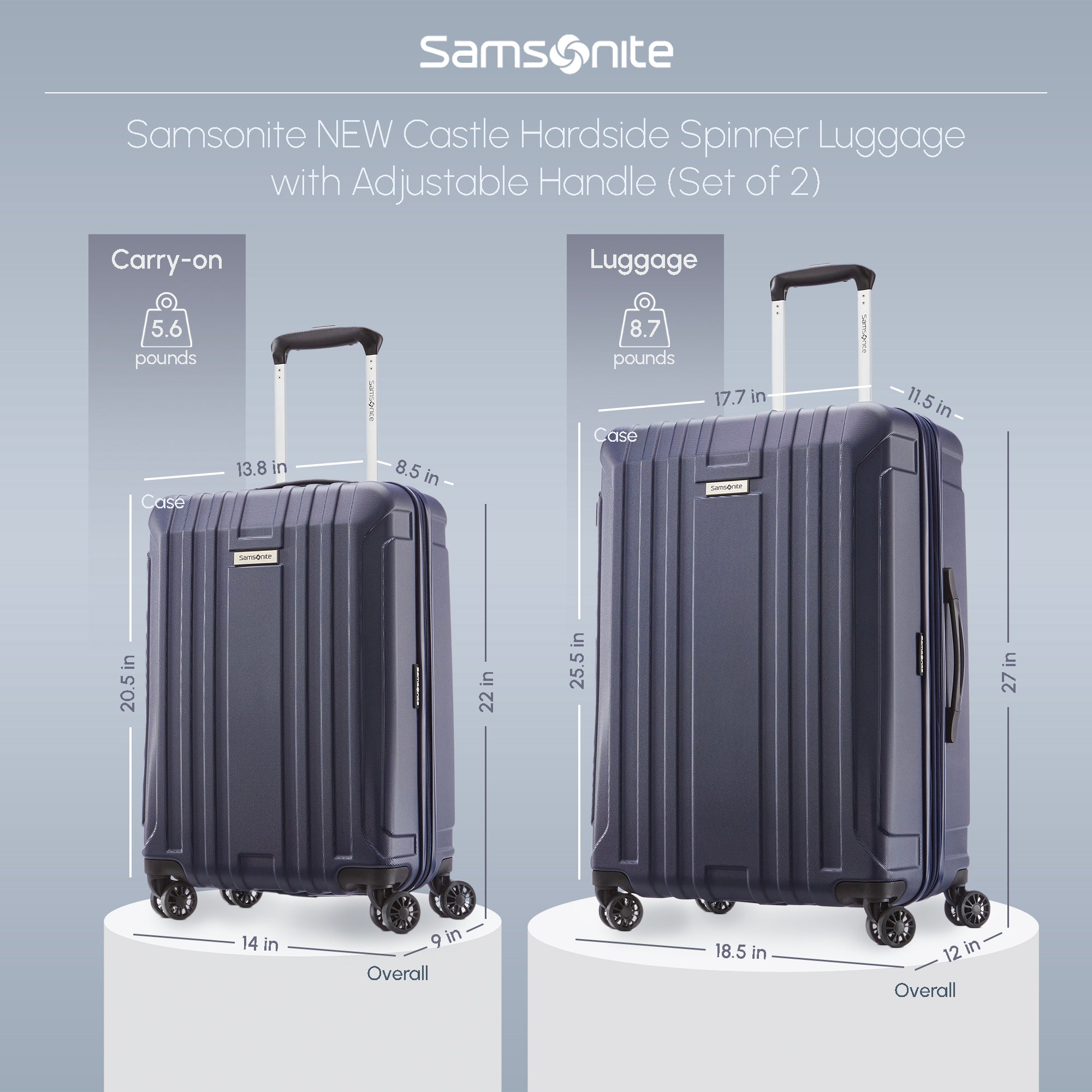 Samsonite New Castle Hardside Luggage w/Adjustable Handle, 2pc, Navy (Used) - VMInnovations