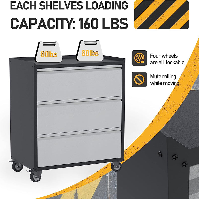 AOBABO Steel Rolling Storage 3 Drawer Cabinet w/Wheels, Black/Grey (Open Box)
