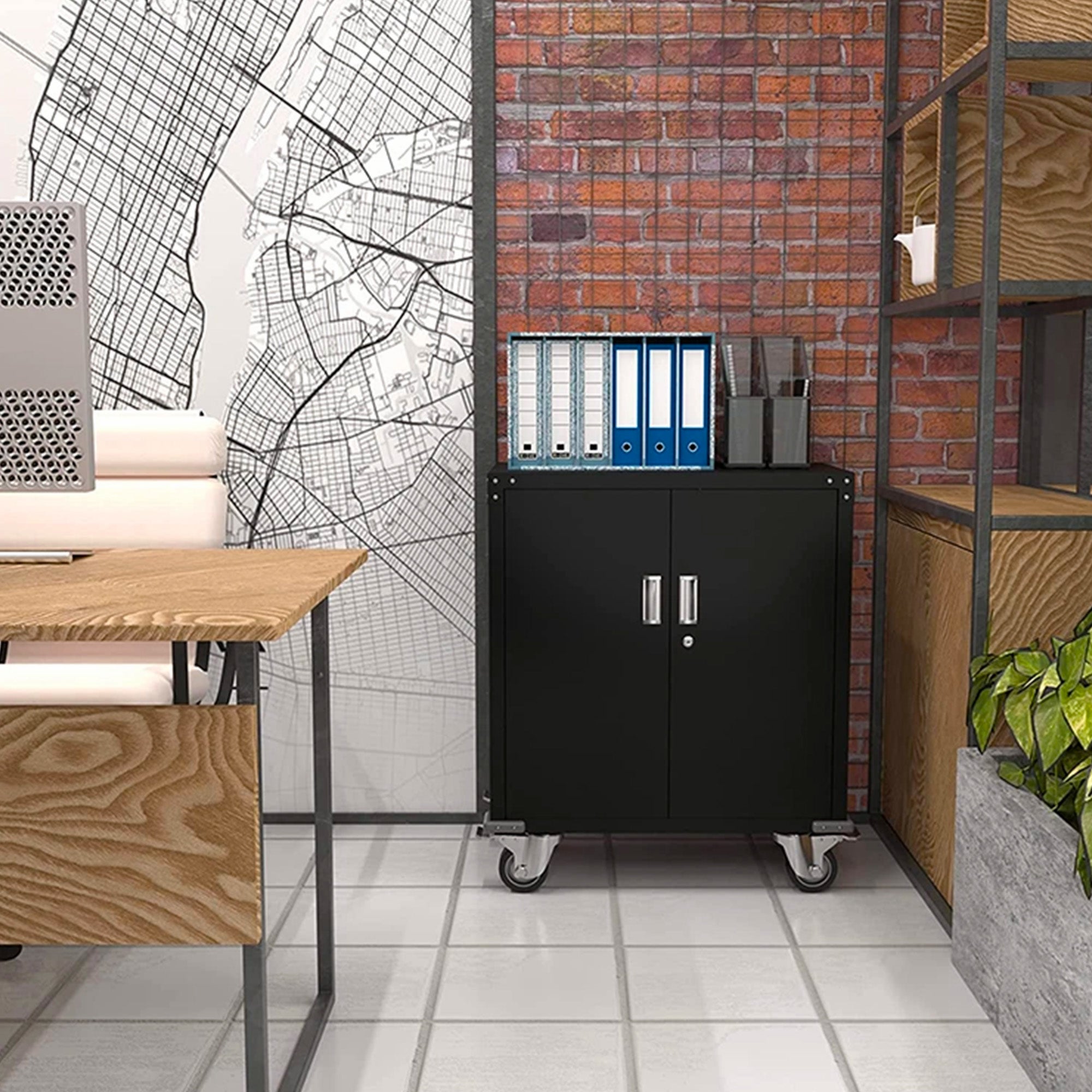 AOBABO Steel Lockable Office Storage Cabinet, Adjustable Shelves & Wheels, Black - VMInnovations