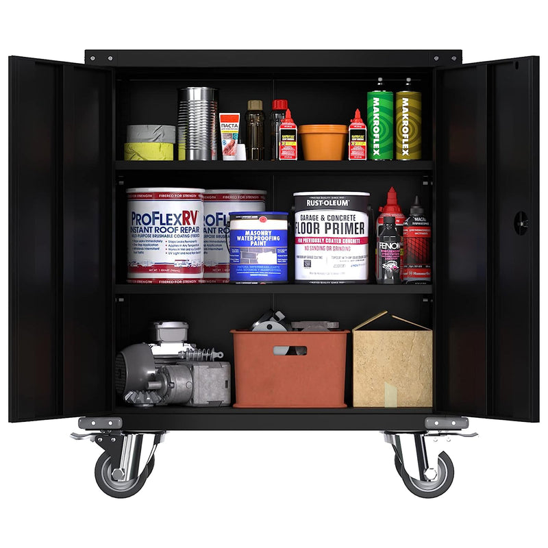 AOBABO Steel Lockable Office Storage Cabinet, Adjustable Shelves & Wheels, Black