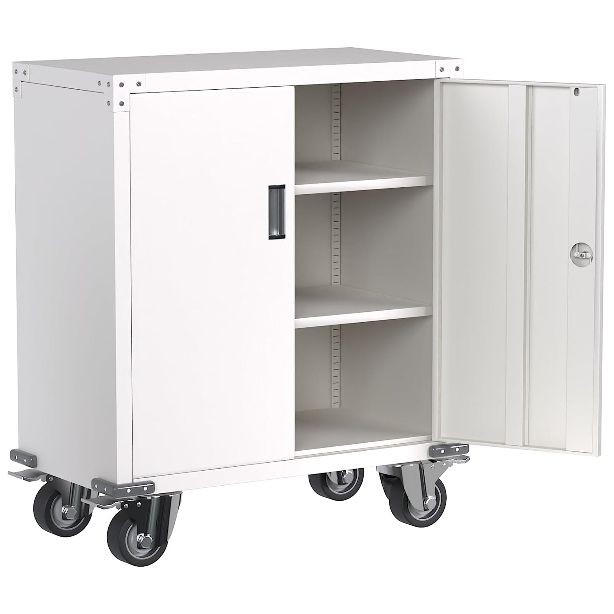 AOBABO Steel Lockable Office Storage Cabinet, Adjustable Shelves & Wheels, White - VMInnovations