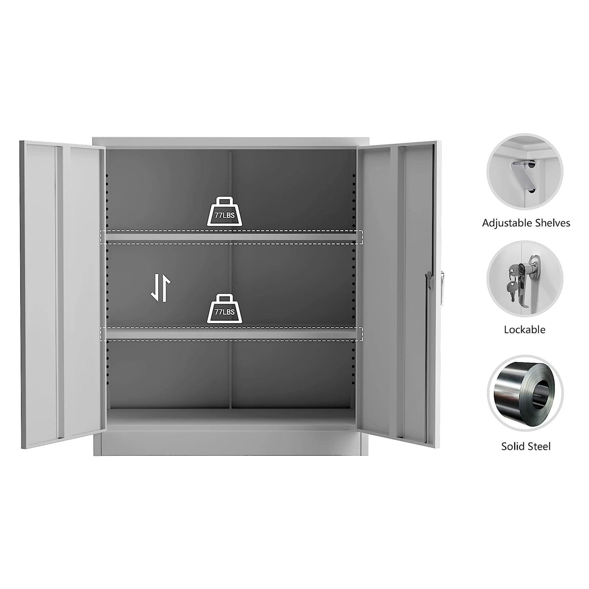 Aobabo 42 Inch Locking Metal Storage Cabinet with 2 Adjustable Shelves, Grey - VMInnovations