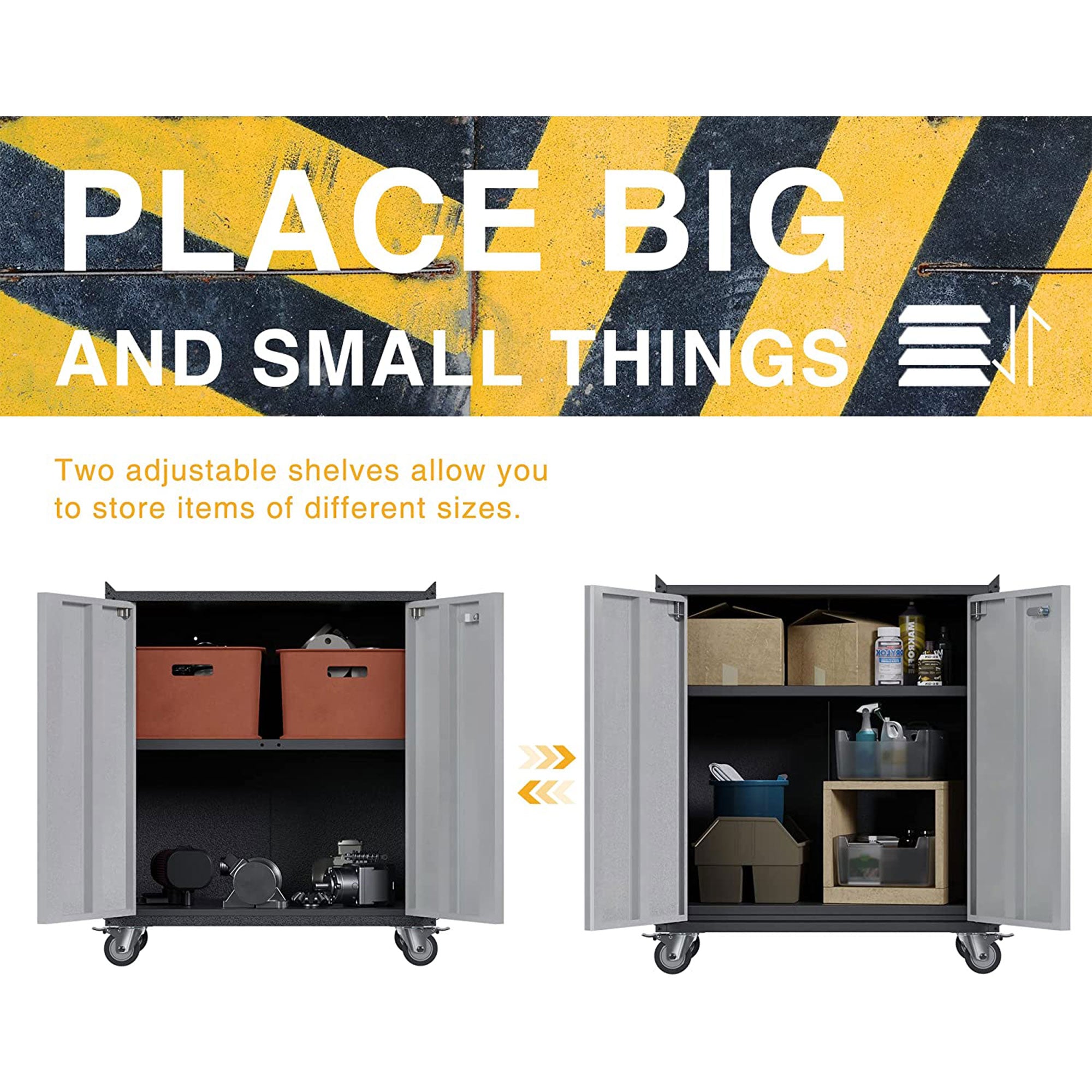 Steel Lockable Wheel Garage Tool Storage Cabinet w/Shelves,Black/Grey(Open Box) - VMInnovations