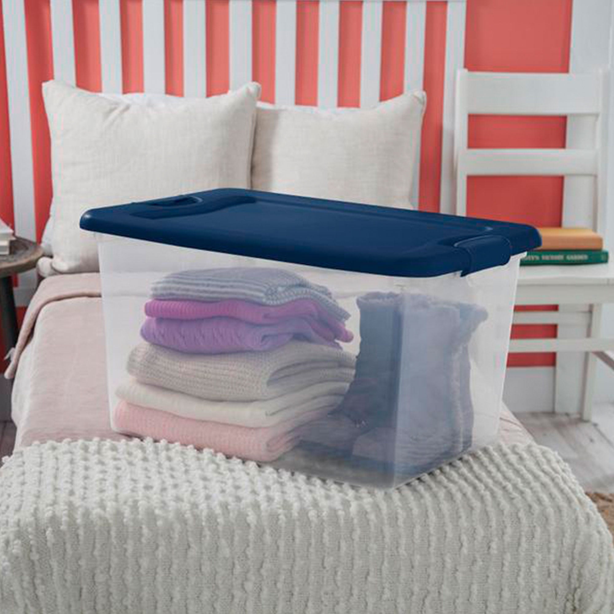 Sterilite 64 Quart Clear Plastic Latching Storage Container, Blue (24 Pack)