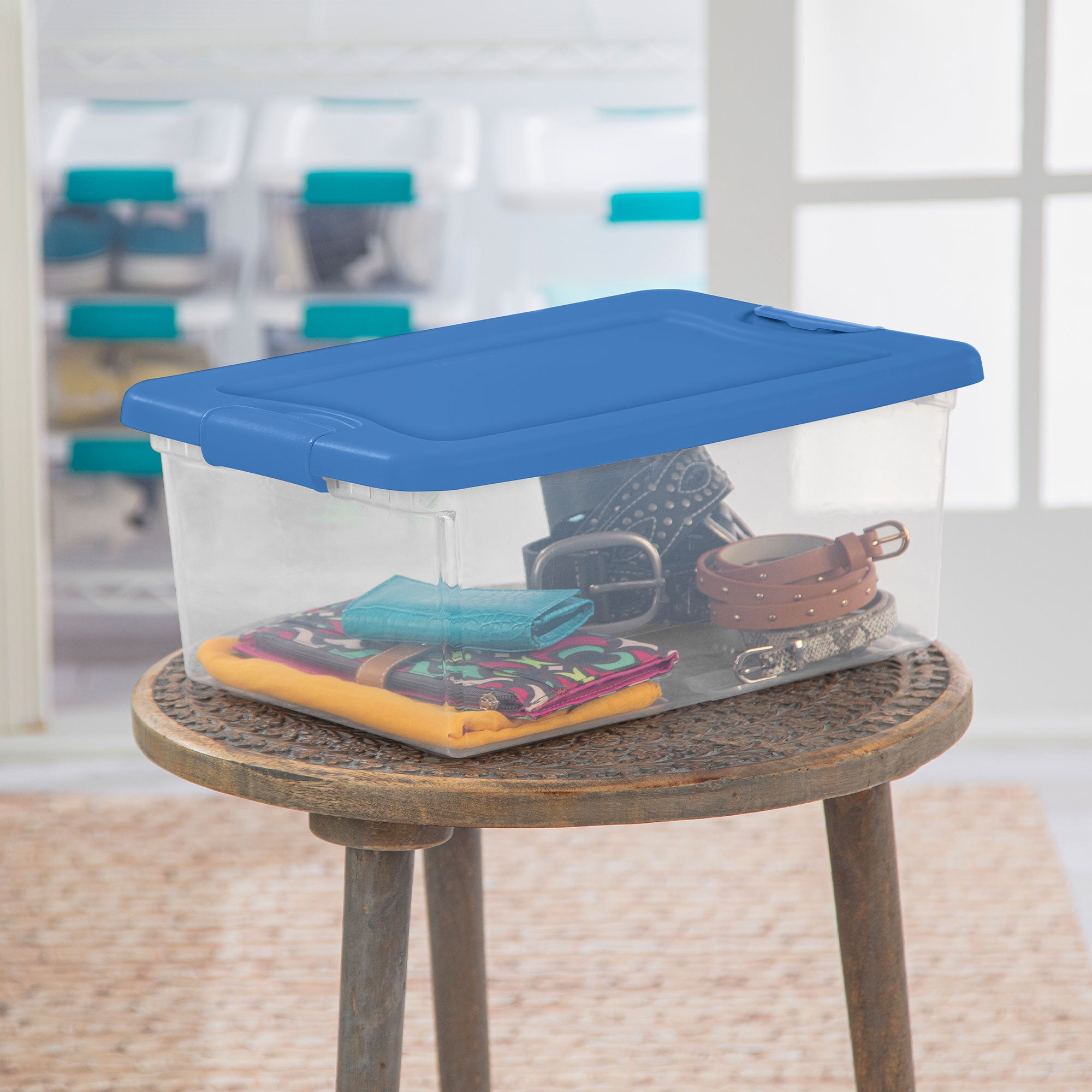Sterilite 15 Qt Clear Latching Storage Container Organizing Box, Blue (48 Pack)