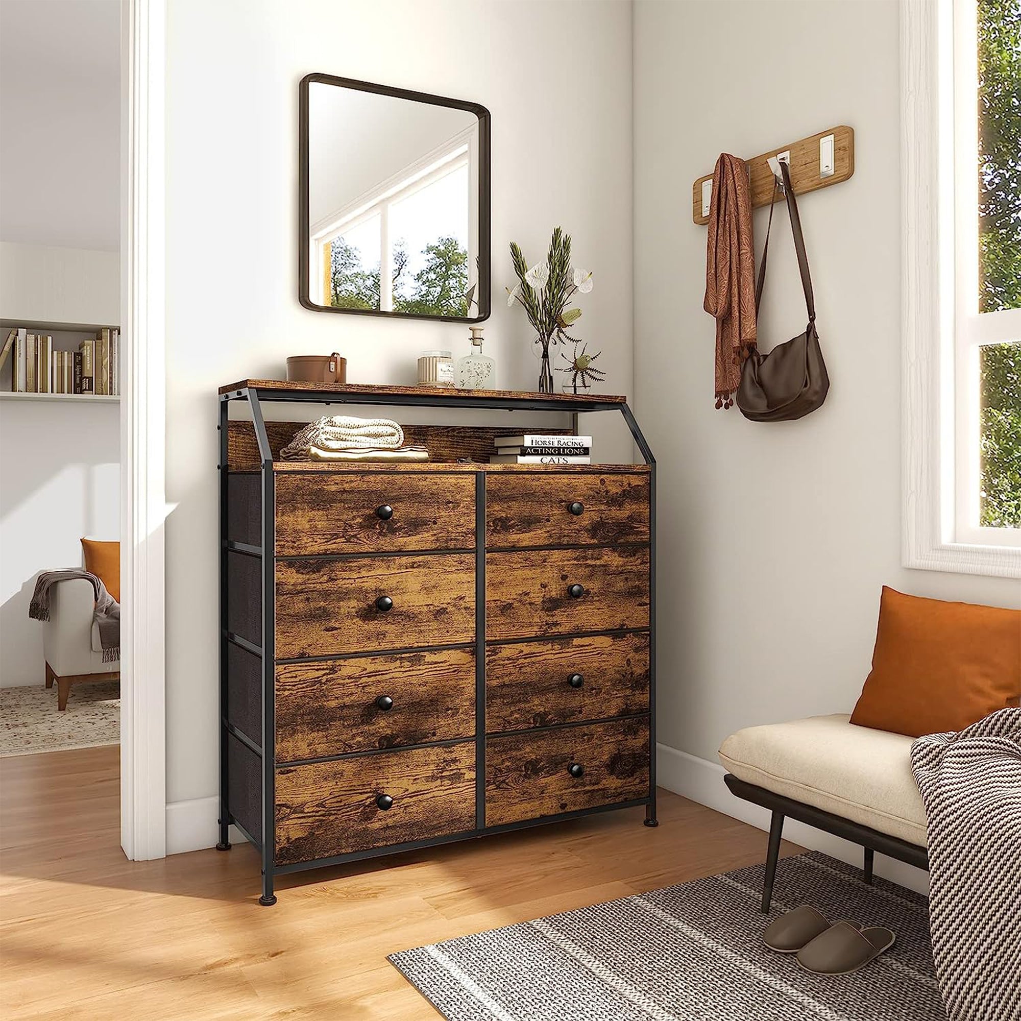 REAHOME 8 Drawer Wood Top Dresser w/ 2 Drawer Organizers, Rustic Brown (Used) - VMInnovations