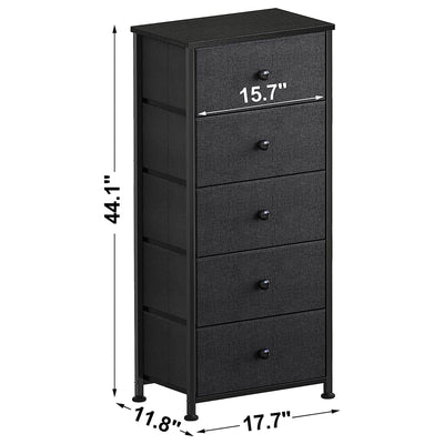 REAHOME Vertical Narrow Metal Tower Dresser w/5 Fabric Drawer Bins, Black/Gray