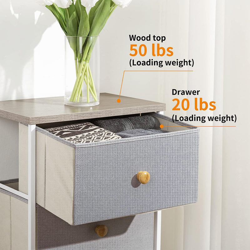 REAHOME Vertical Narrow Metal Tower Dresser with 5 Fabric Drawer Bins, Gray