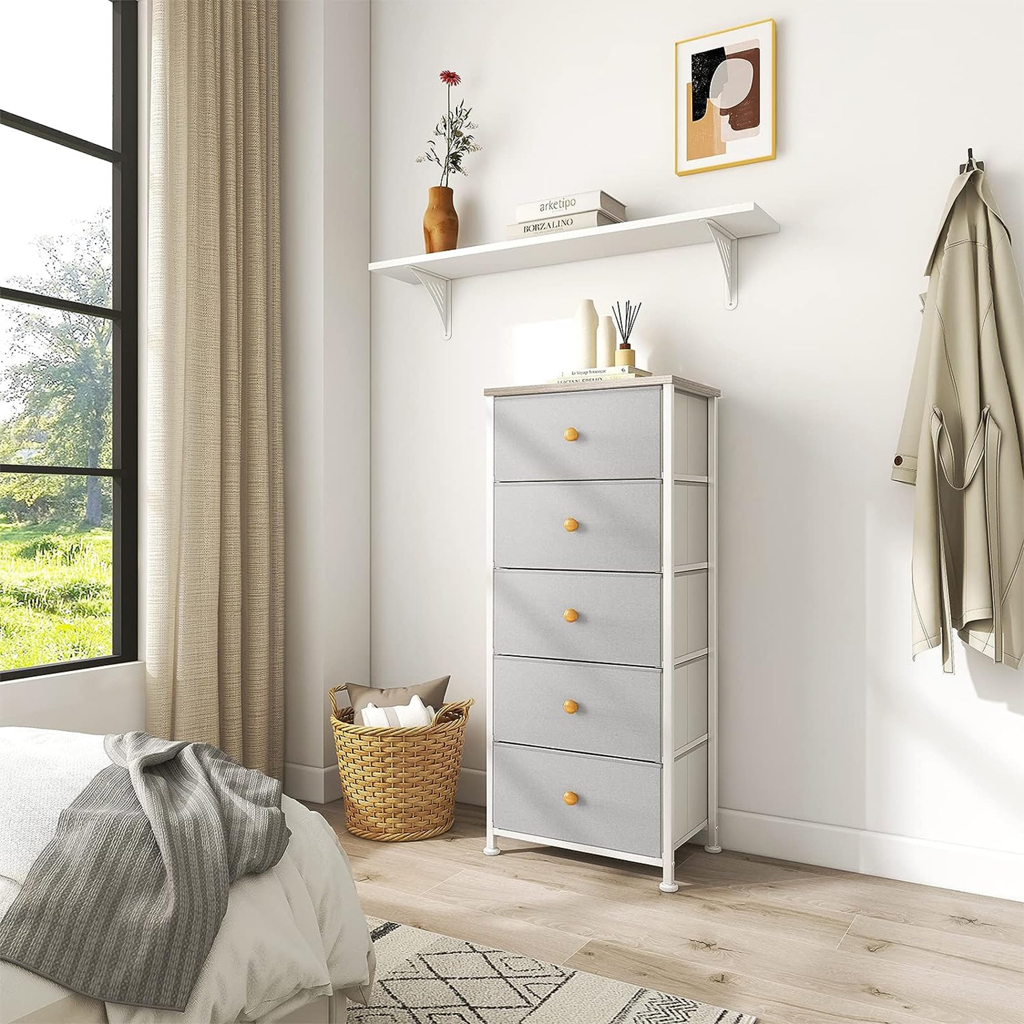 Vertical Narrow Metal Tower Dresser with 5 Fabric Drawer Bins, Gray (Open Box) - VMInnovations
