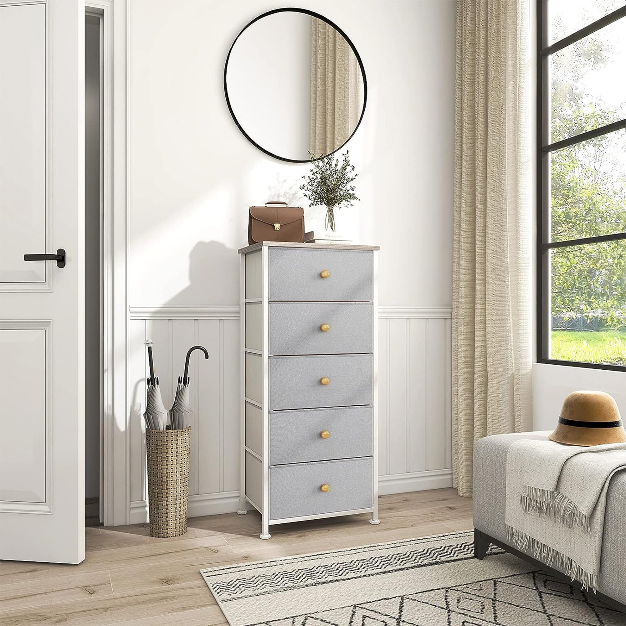 Vertical Narrow Metal Tower Dresser with 5 Fabric Drawer Bins, Gray (Open Box) - VMInnovations
